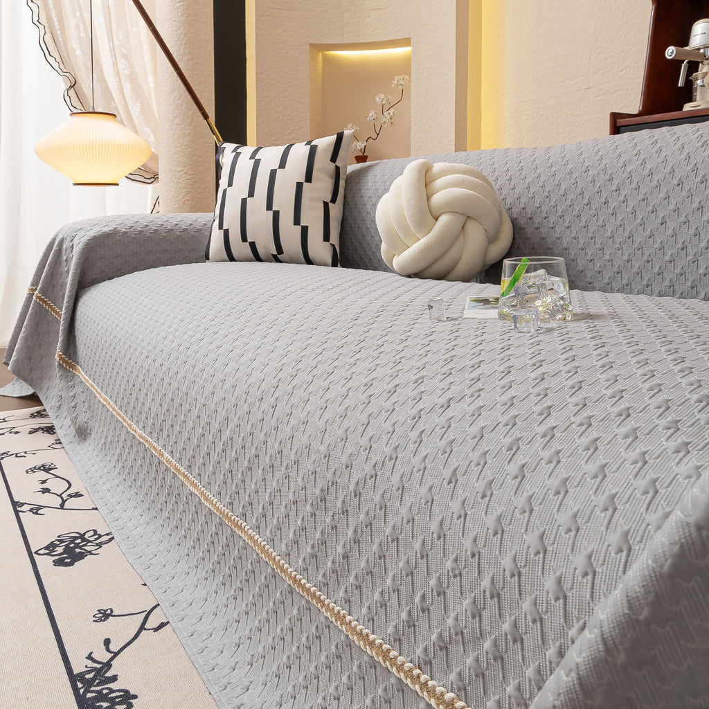 Jacquard Ice Silk Sofa Throw Cover with Gold Trim, Summer Cooling Couch Slipcover