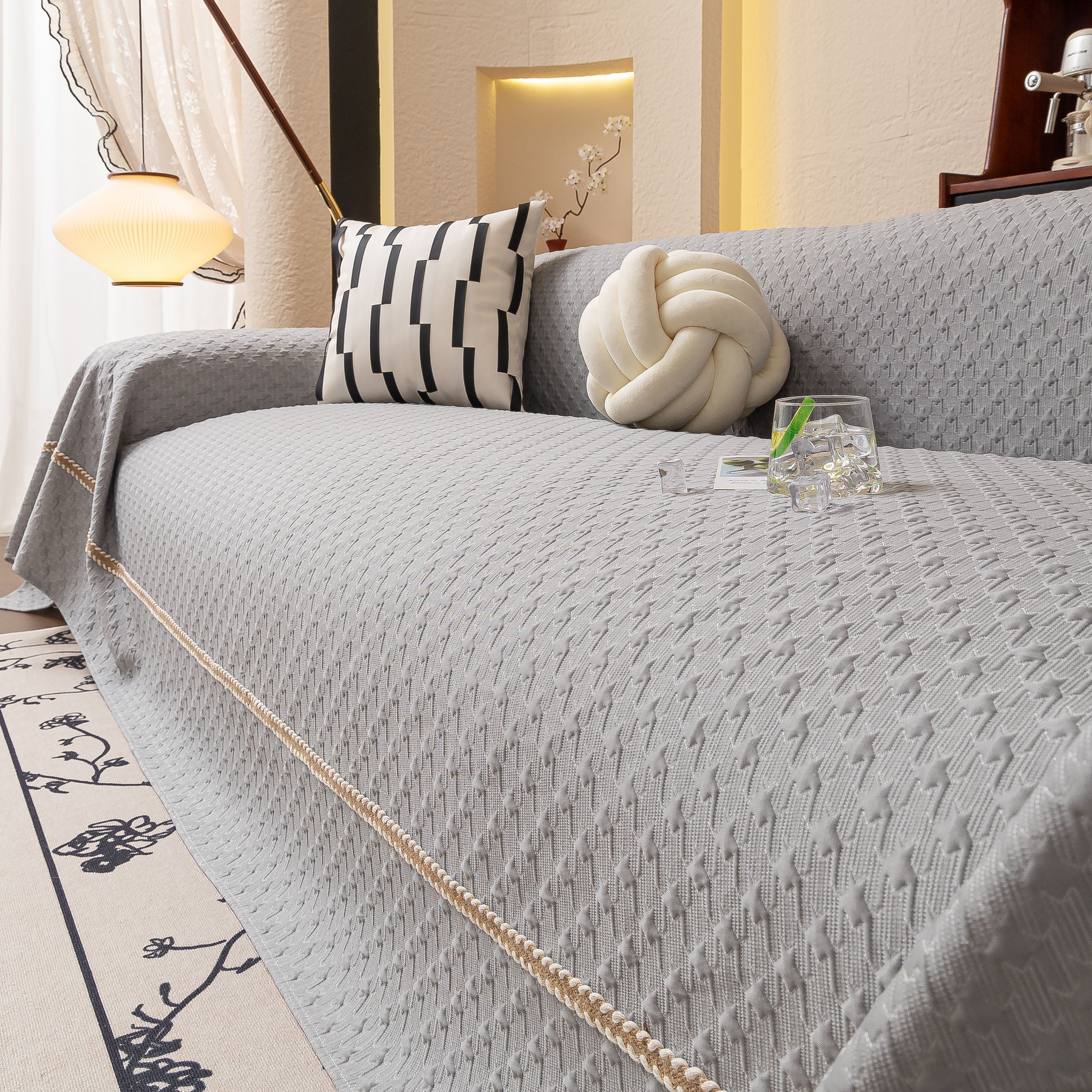 Jacquard Ice Silk Sofa Throw Cover with Gold Trim, Summer Cooling Couch Slipcover