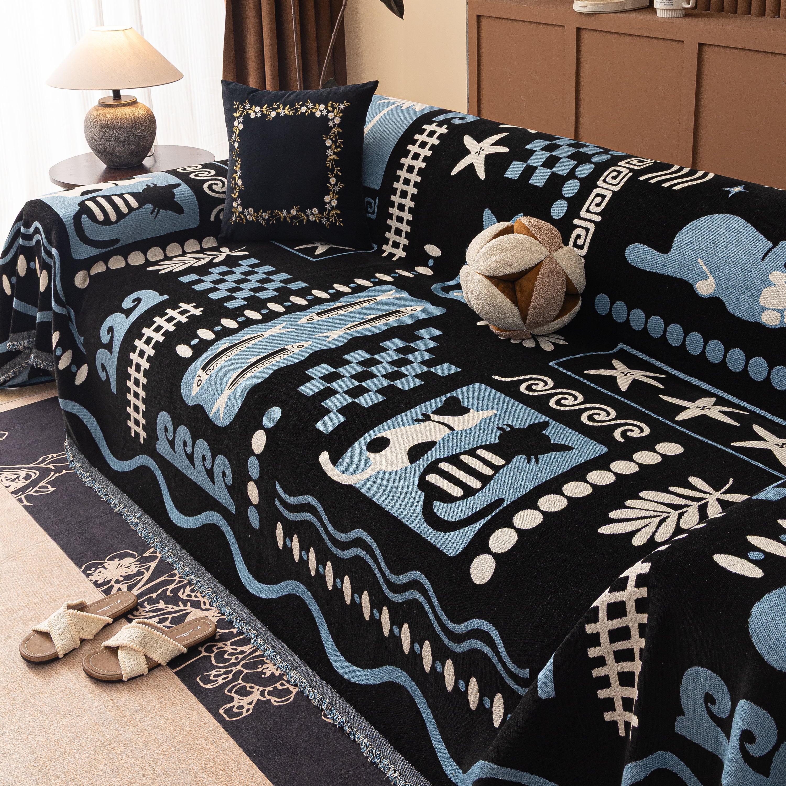 Boho Chic Woven Throw Blanket for Couch, Washable Couch Cover for Pets, Dogs, Cats