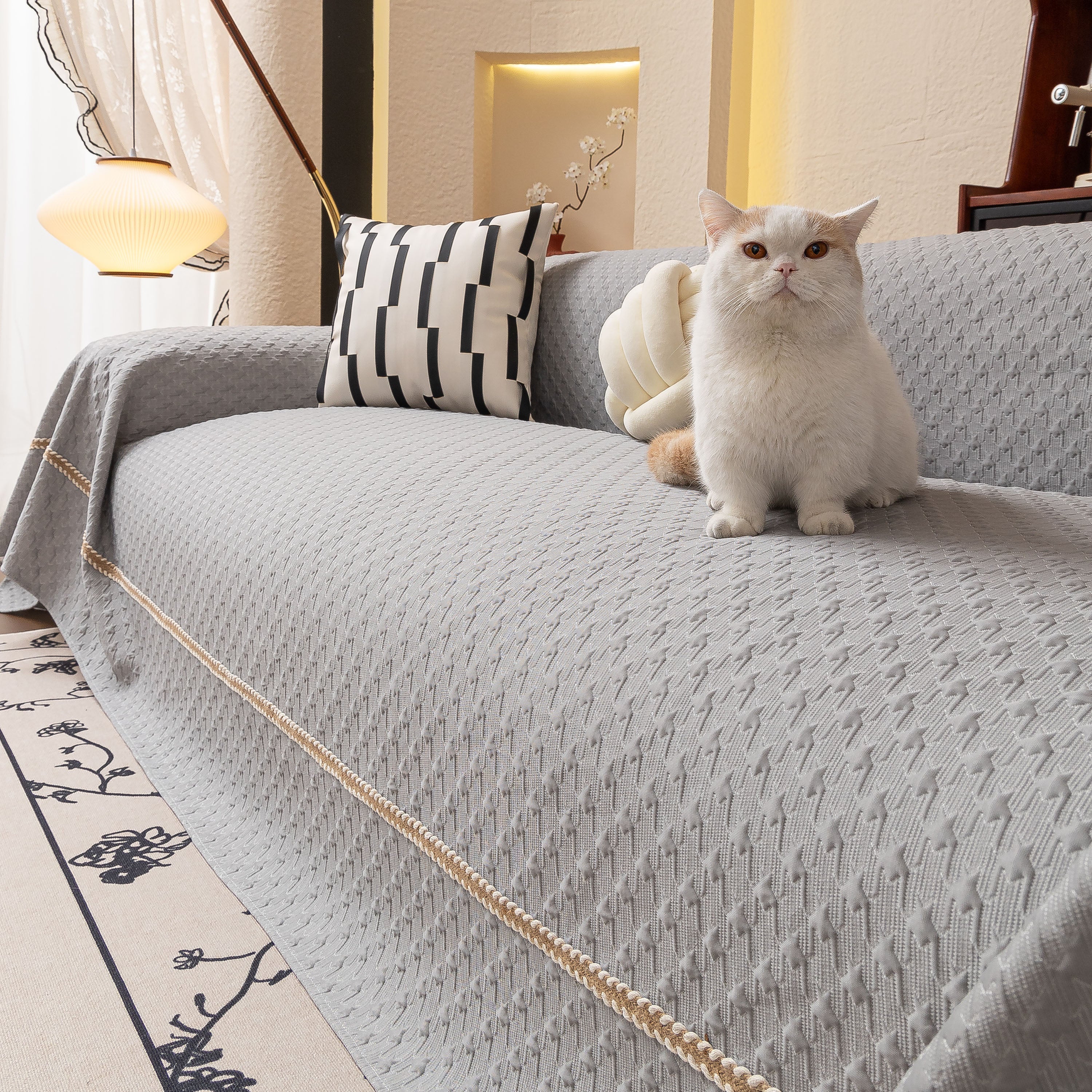 Jacquard Ice Silk Sofa Throw Cover with Gold Trim, Summer Cooling Couch Slipcover