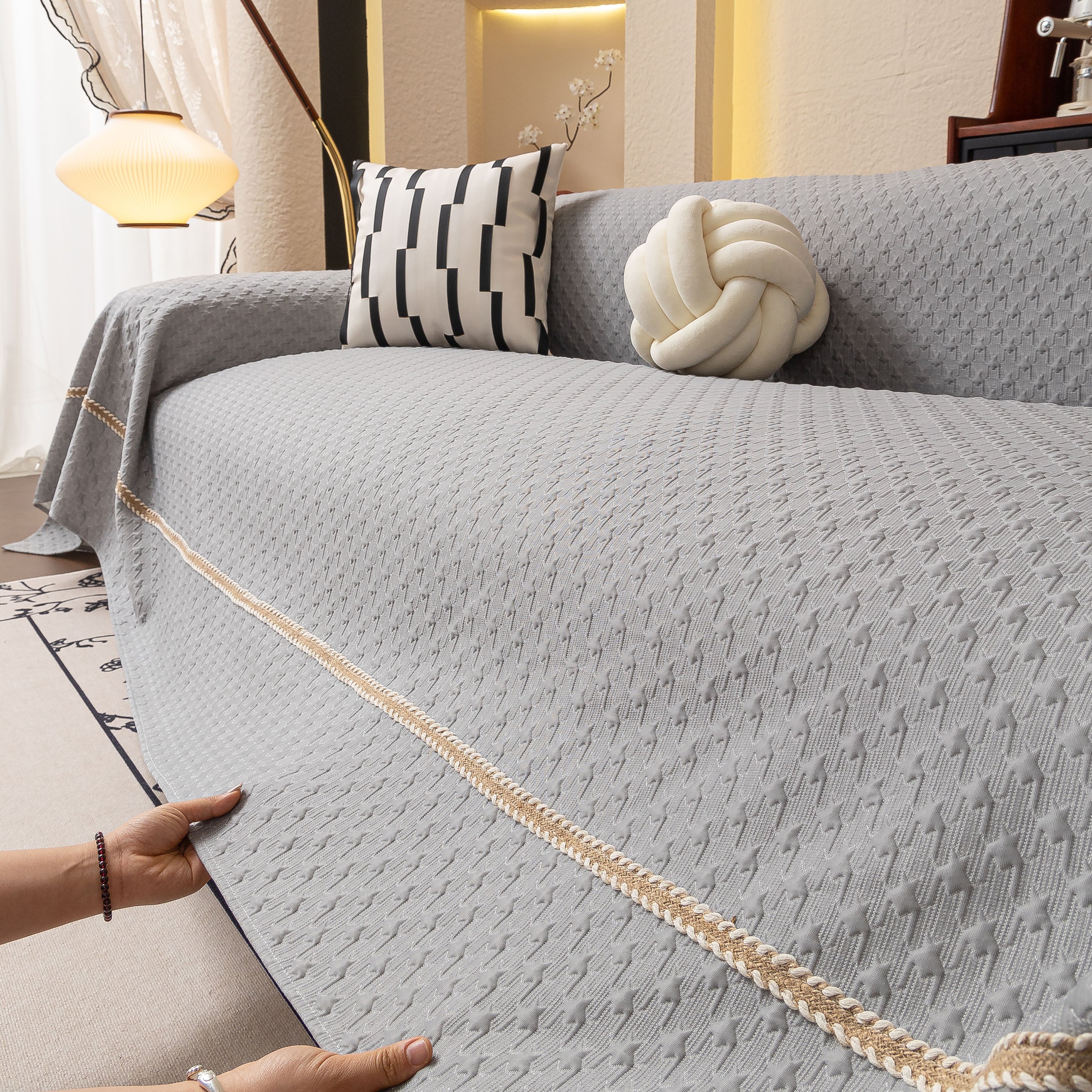 Jacquard Ice Silk Sofa Throw Cover with Gold Trim, Summer Cooling Couch Slipcover