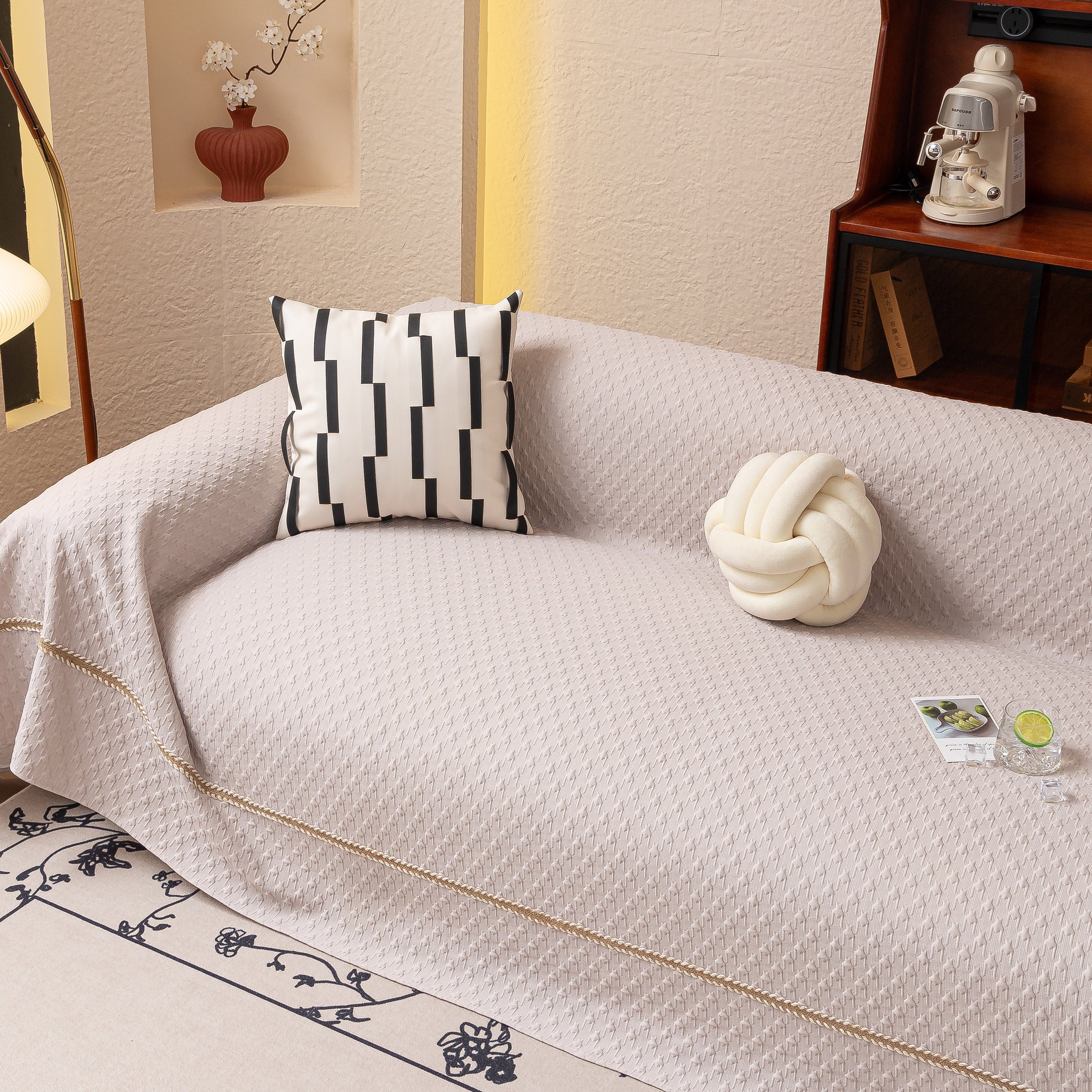 Jacquard Ice Silk Sofa Throw Cover with Gold Trim, Summer Cooling Couch Slipcover