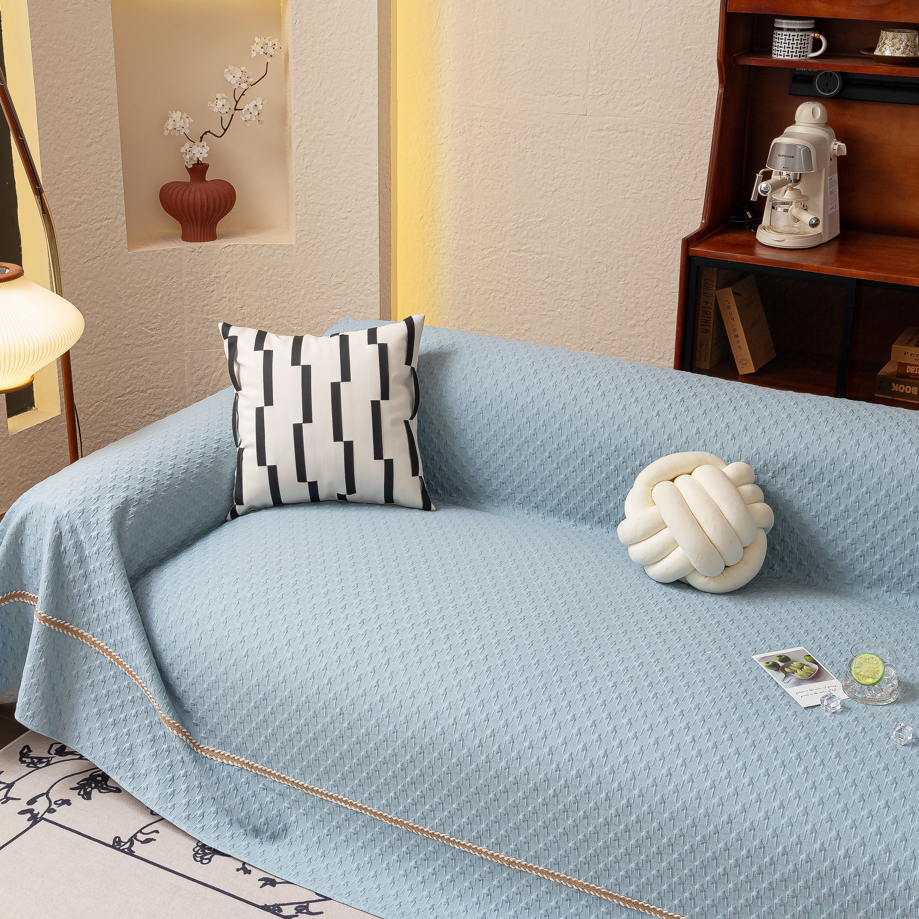 Jacquard Ice Silk Sofa Throw Cover with Gold Trim, Summer Cooling Couch Slipcover