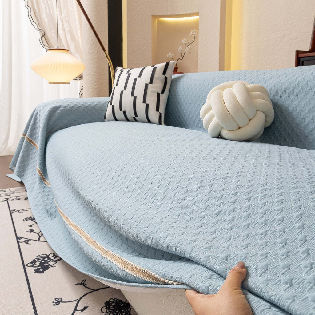 Jacquard Ice Silk Sofa Throw Cover with Gold Trim, Summer Cooling Couch Slipcover