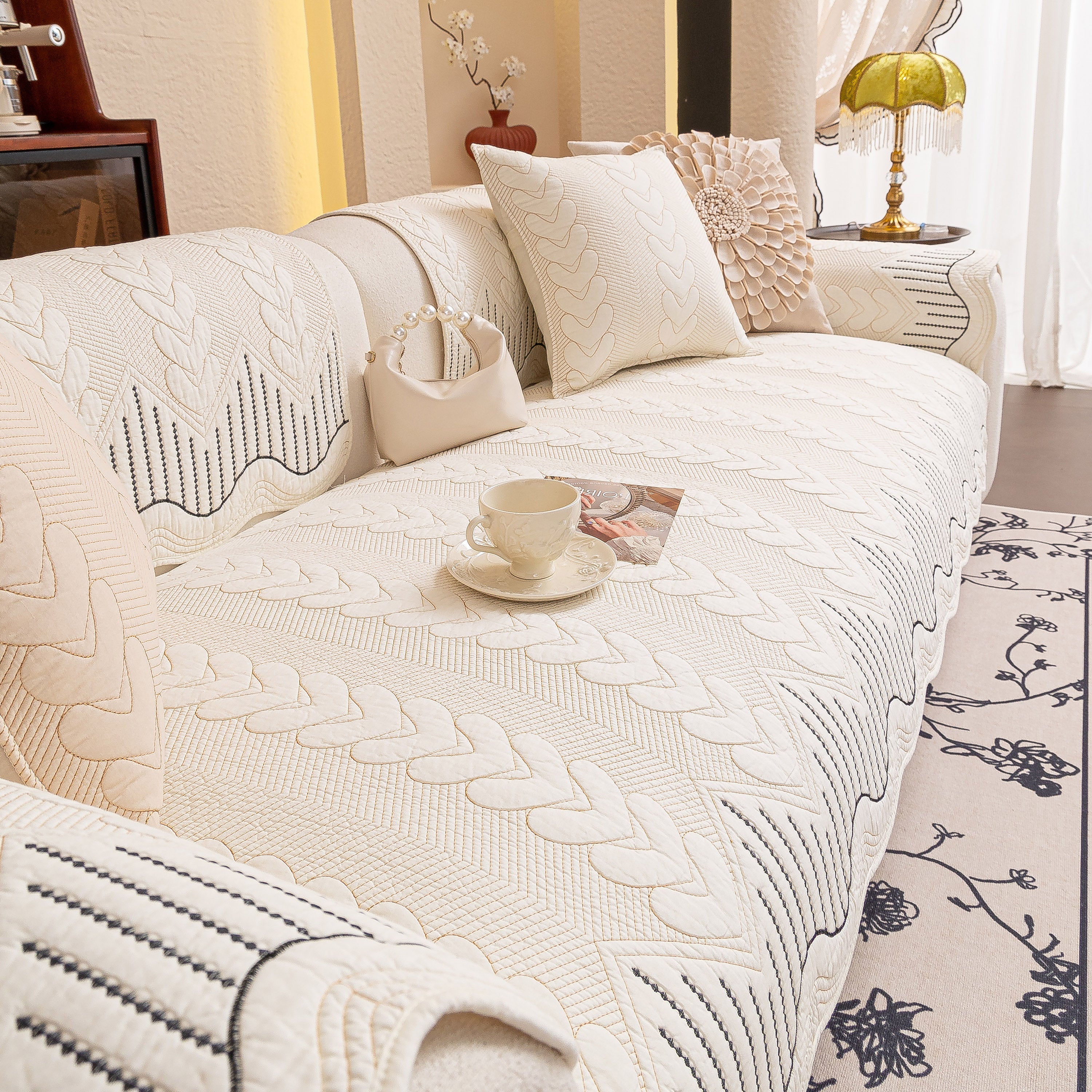 3D Quilted Thick Cotton Sofa Cover Non-Slip Couch Throw for Fabric & Leather Sofas