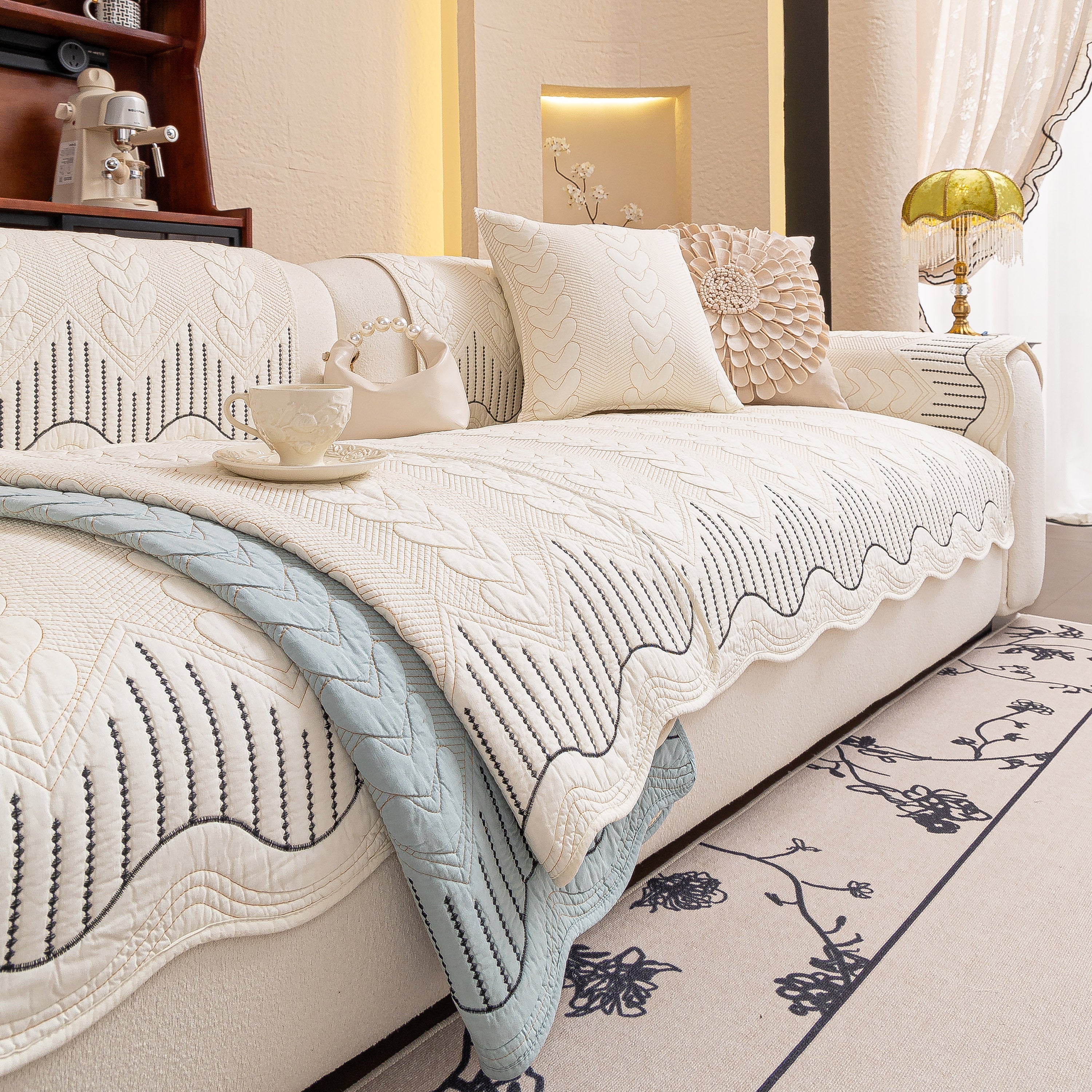 3D Quilted Thick Cotton Sofa Cover Non-Slip Couch Throw for Fabric & Leather Sofas