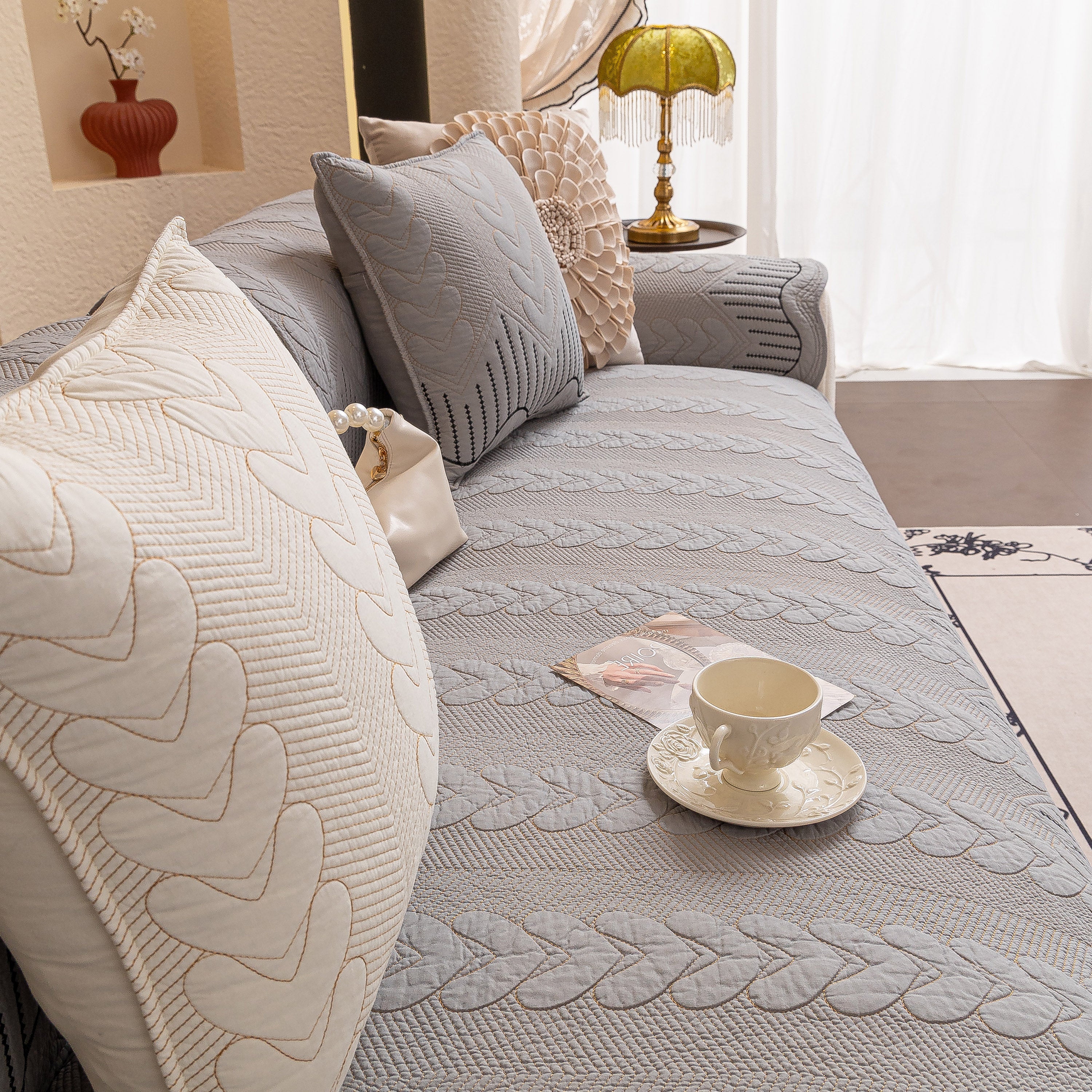 3D Quilted Thick Cotton Sofa Cover Non-Slip Couch Throw for Fabric & Leather Sofas