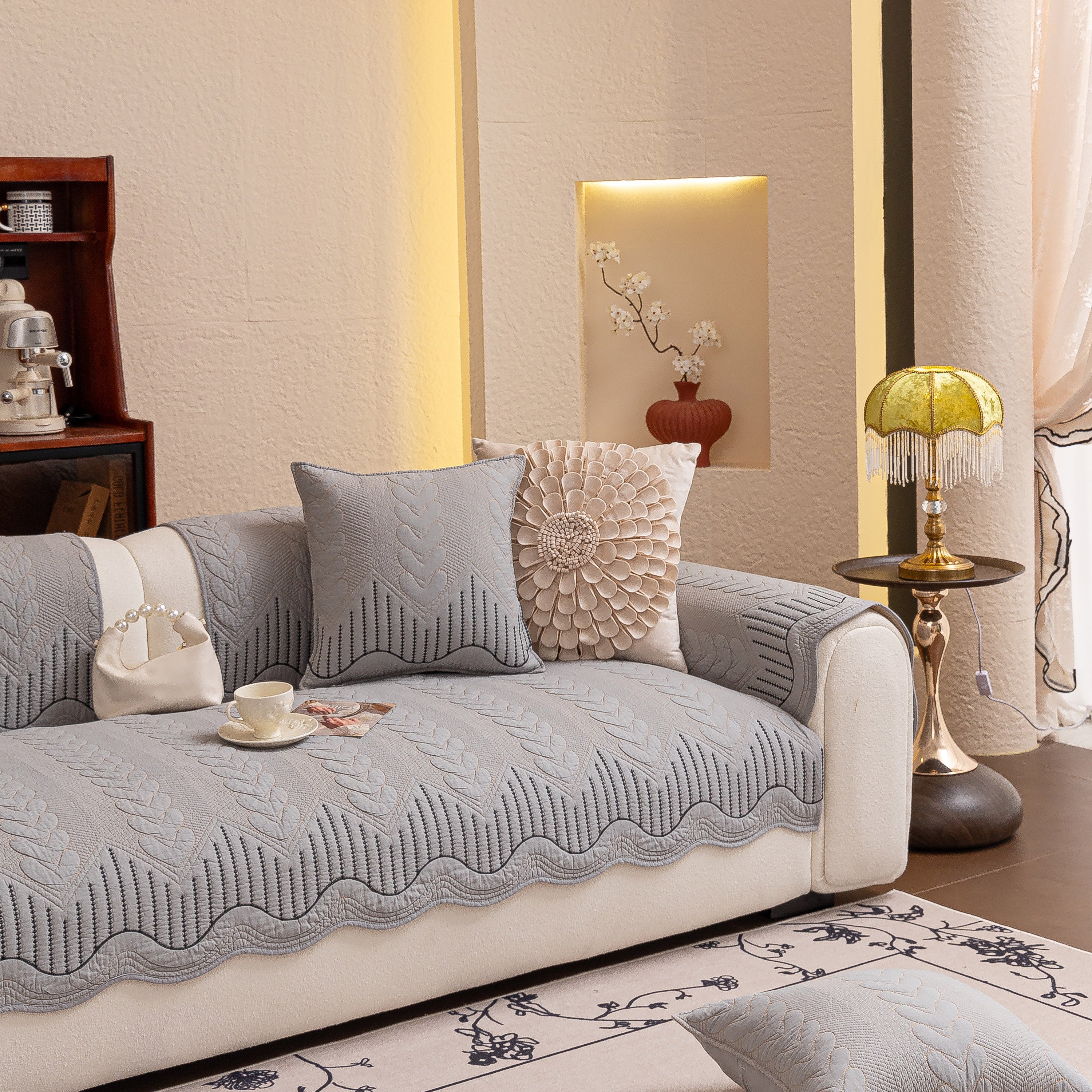 3D Quilted Thick Cotton Sofa Cover Non-Slip Couch Throw for Fabric & Leather Sofas