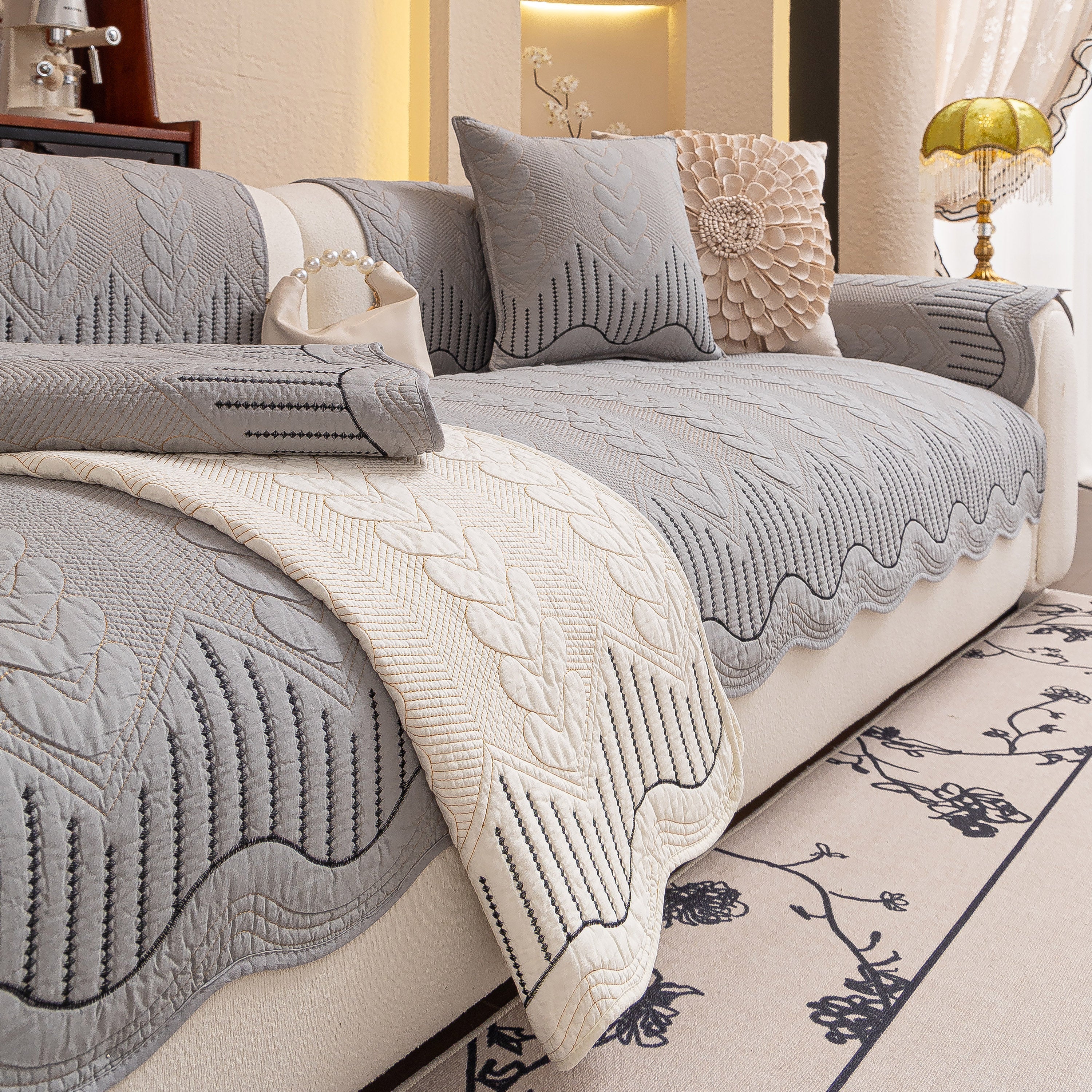 3D Quilted Thick Cotton Sofa Cover Non-Slip Couch Throw for Fabric & Leather Sofas