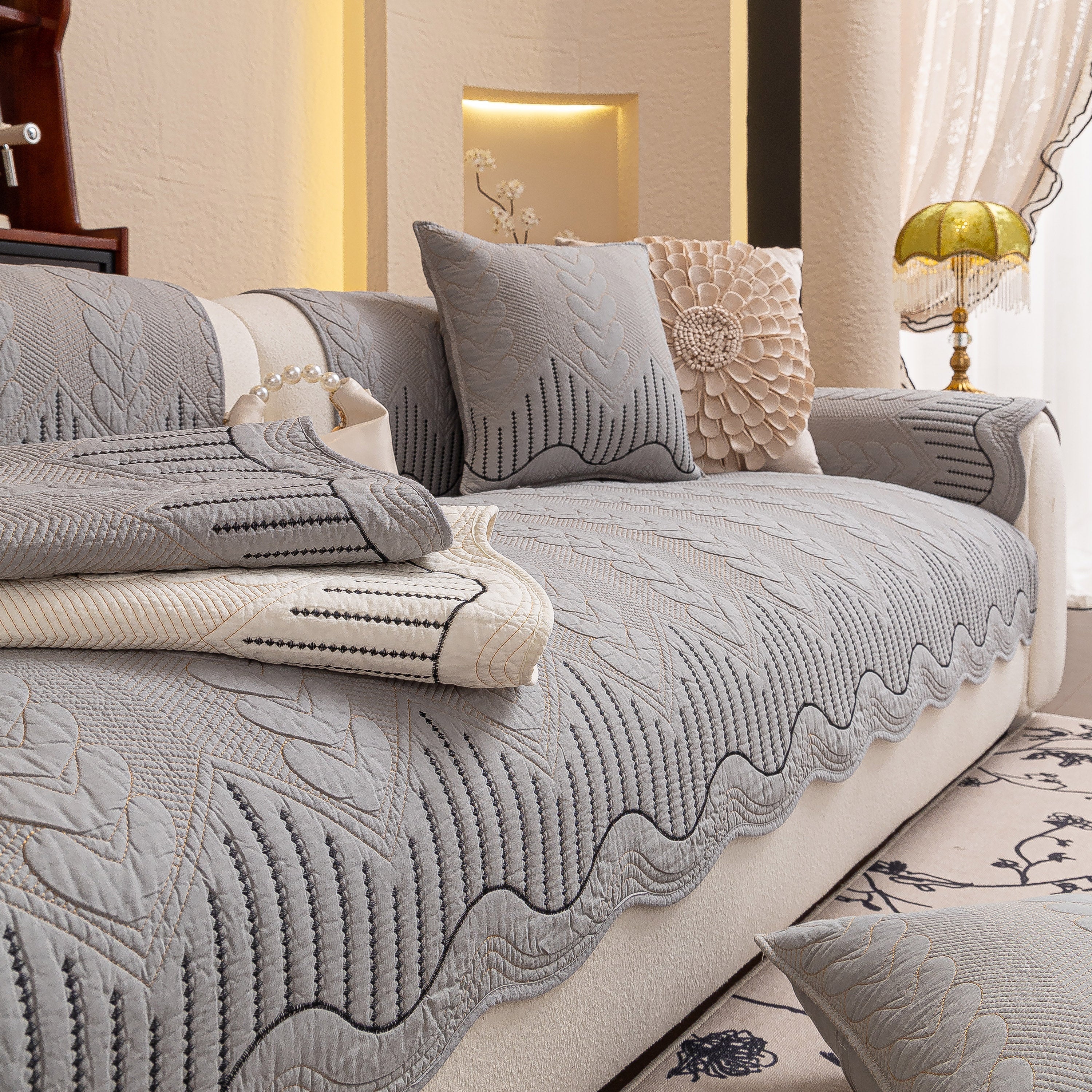 3D Quilted Thick Cotton Sofa Cover Non-Slip Couch Throw for Fabric & Leather Sofas
