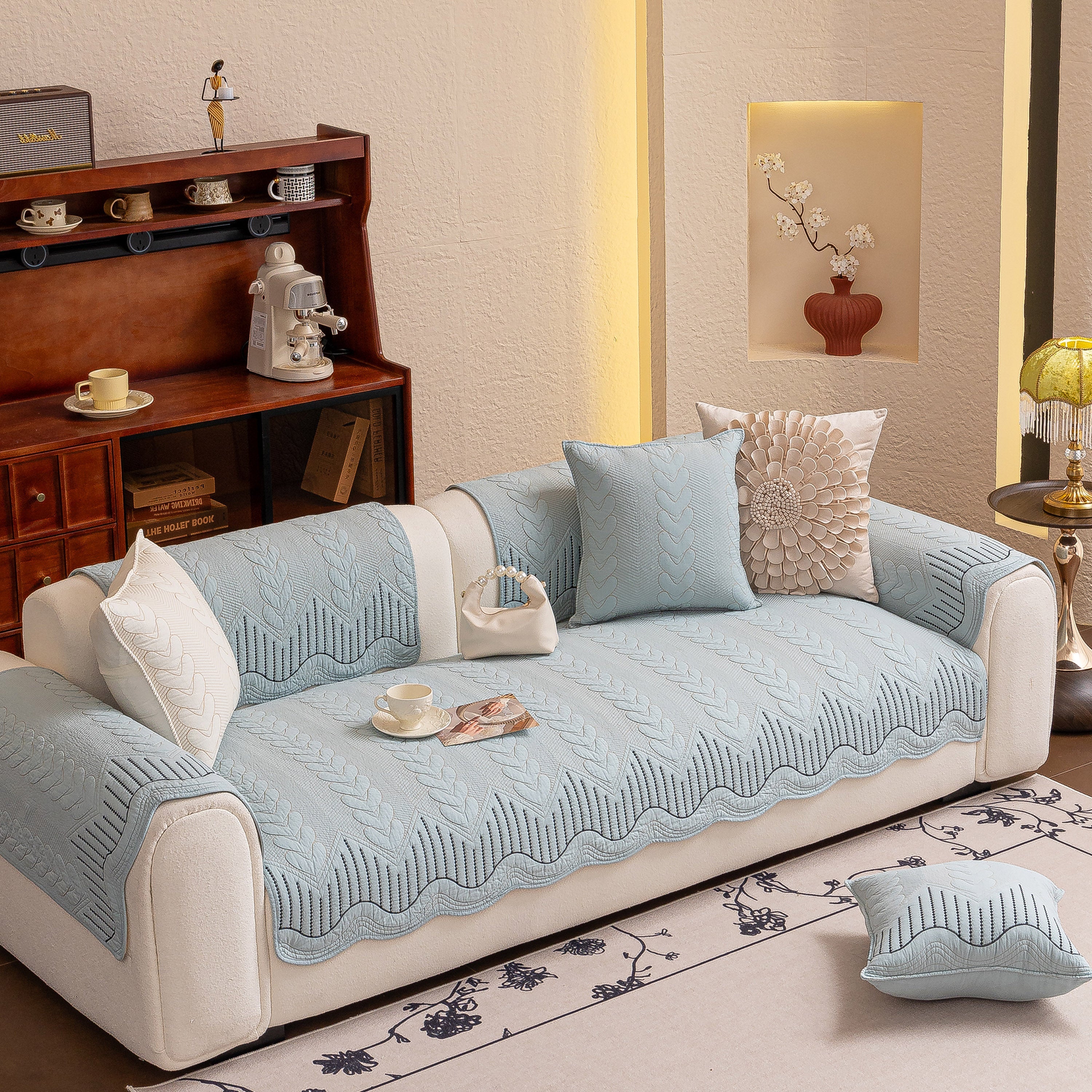 3D Quilted Thick Cotton Sofa Cover Non-Slip Couch Throw for Fabric & Leather Sofas