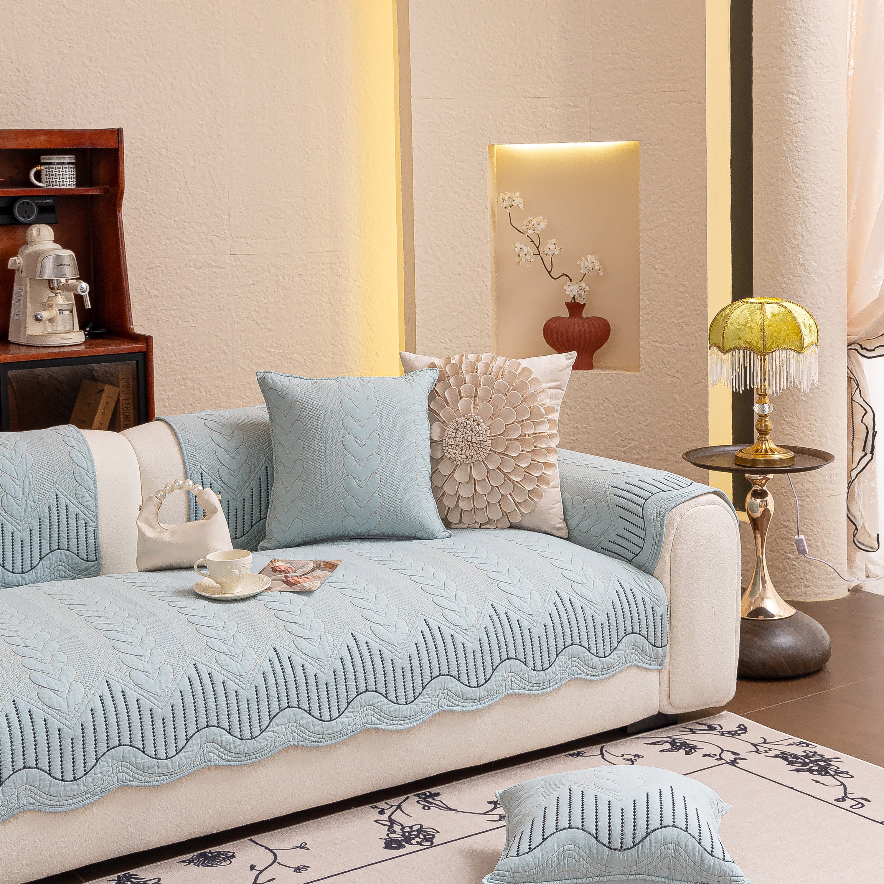 3D Quilted Thick Cotton Sofa Cover Non-Slip Couch Throw for Fabric & Leather Sofas