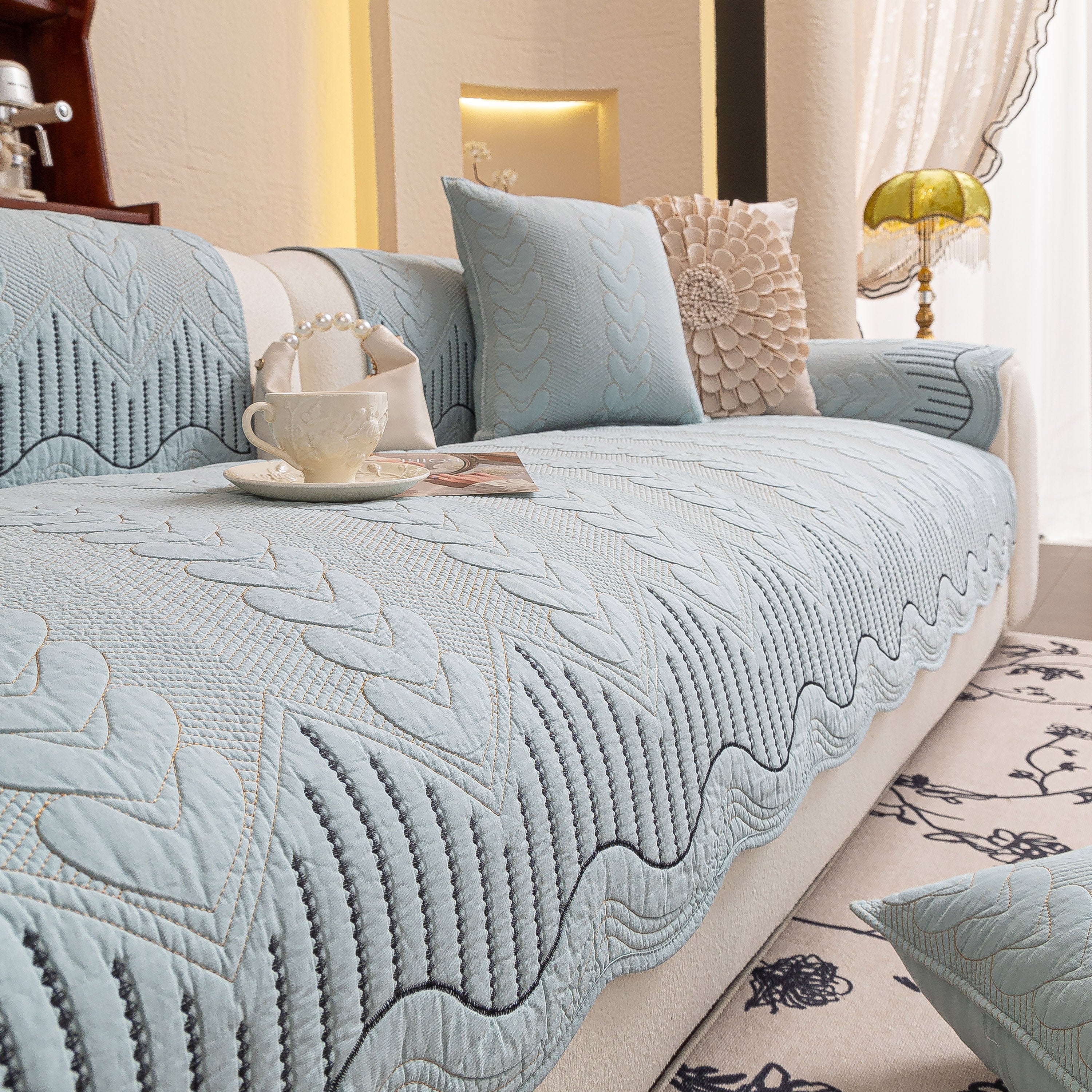 3D Quilted Thick Cotton Sofa Cover Non-Slip Couch Throw for Fabric & Leather Sofas