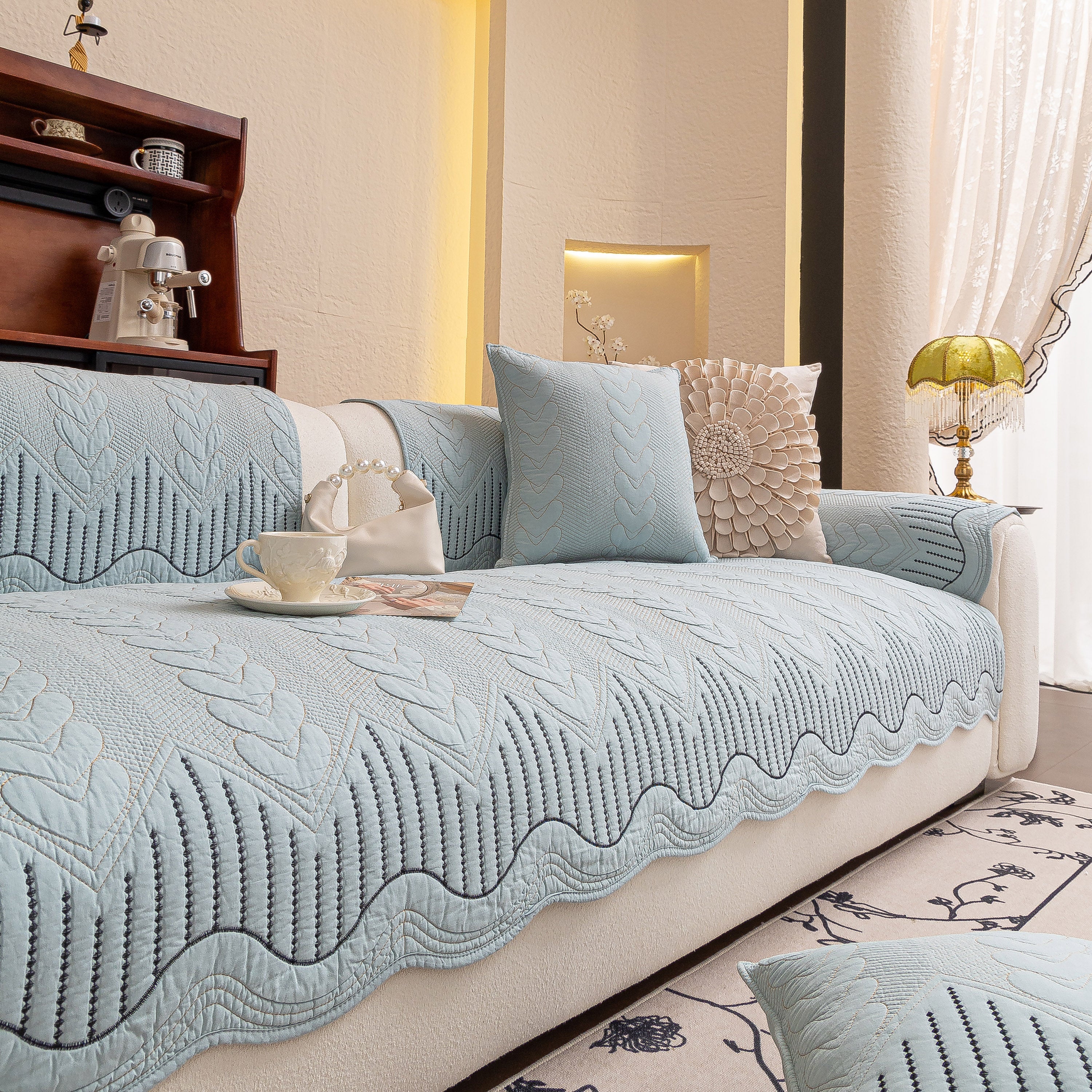 3D Quilted Thick Cotton Sofa Cover Non-Slip Couch Throw for Fabric & Leather Sofas