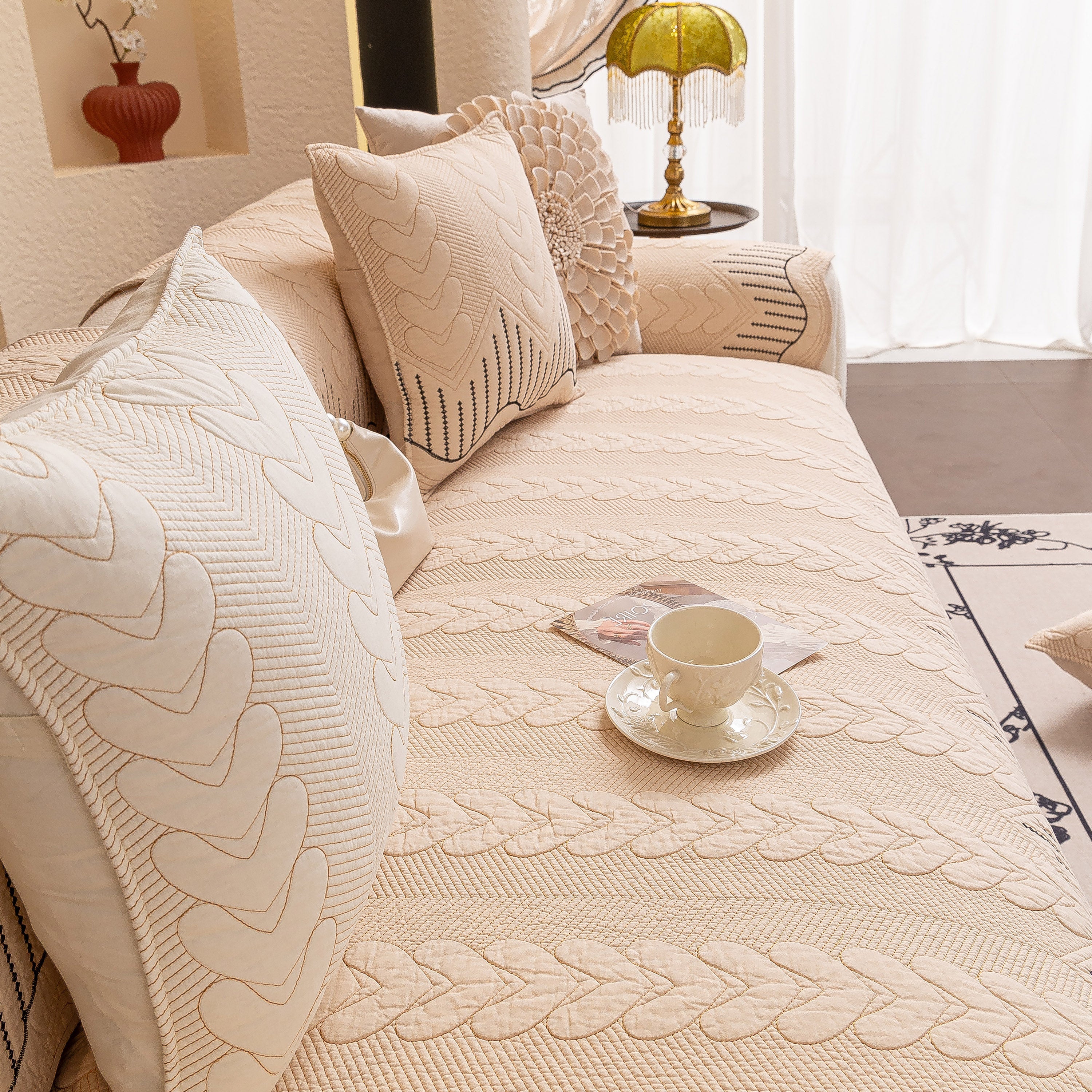 3D Quilted Thick Cotton Sofa Cover Non-Slip Couch Throw for Fabric & Leather Sofas