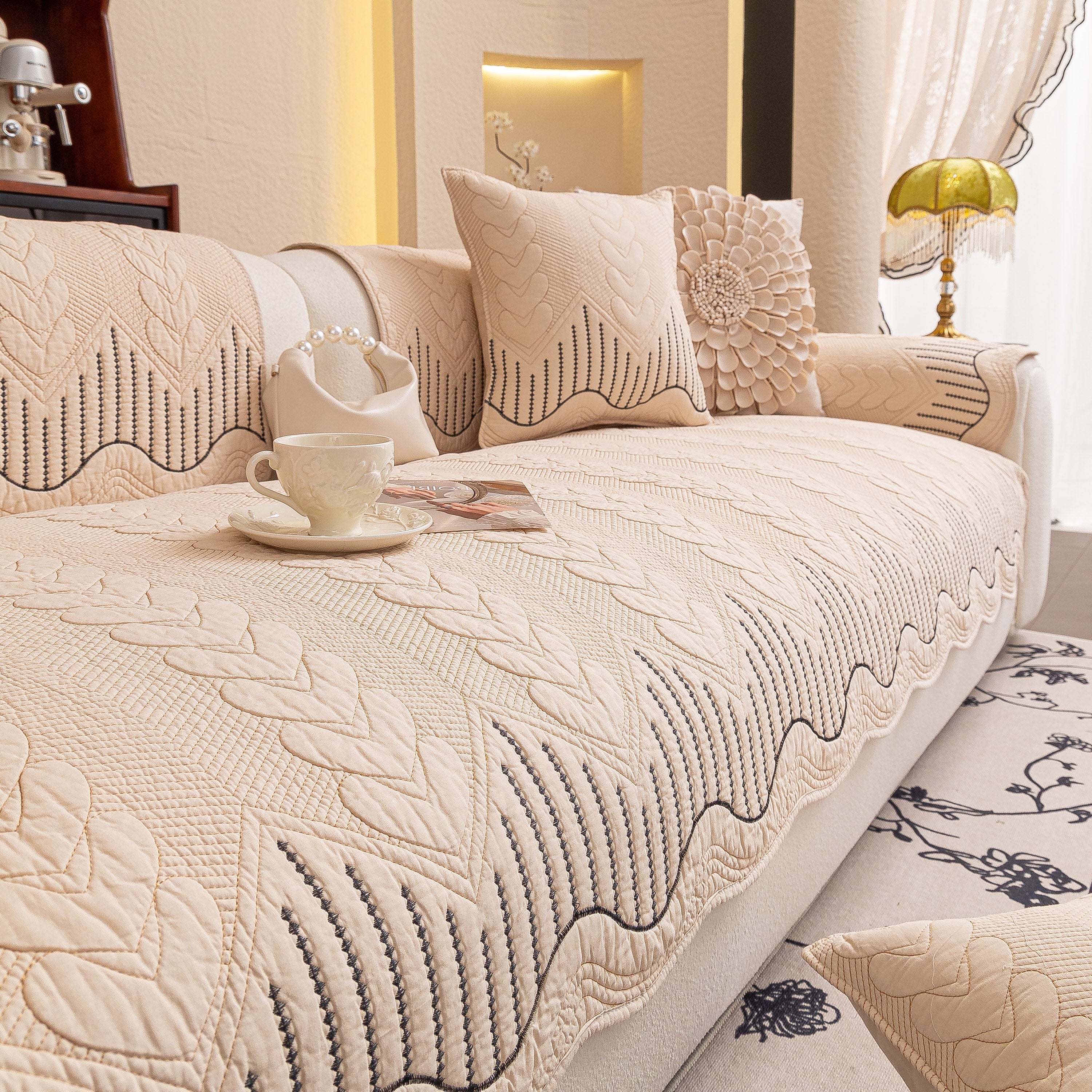 3D Quilted Thick Cotton Sofa Cover Non-Slip Couch Throw for Fabric & Leather Sofas