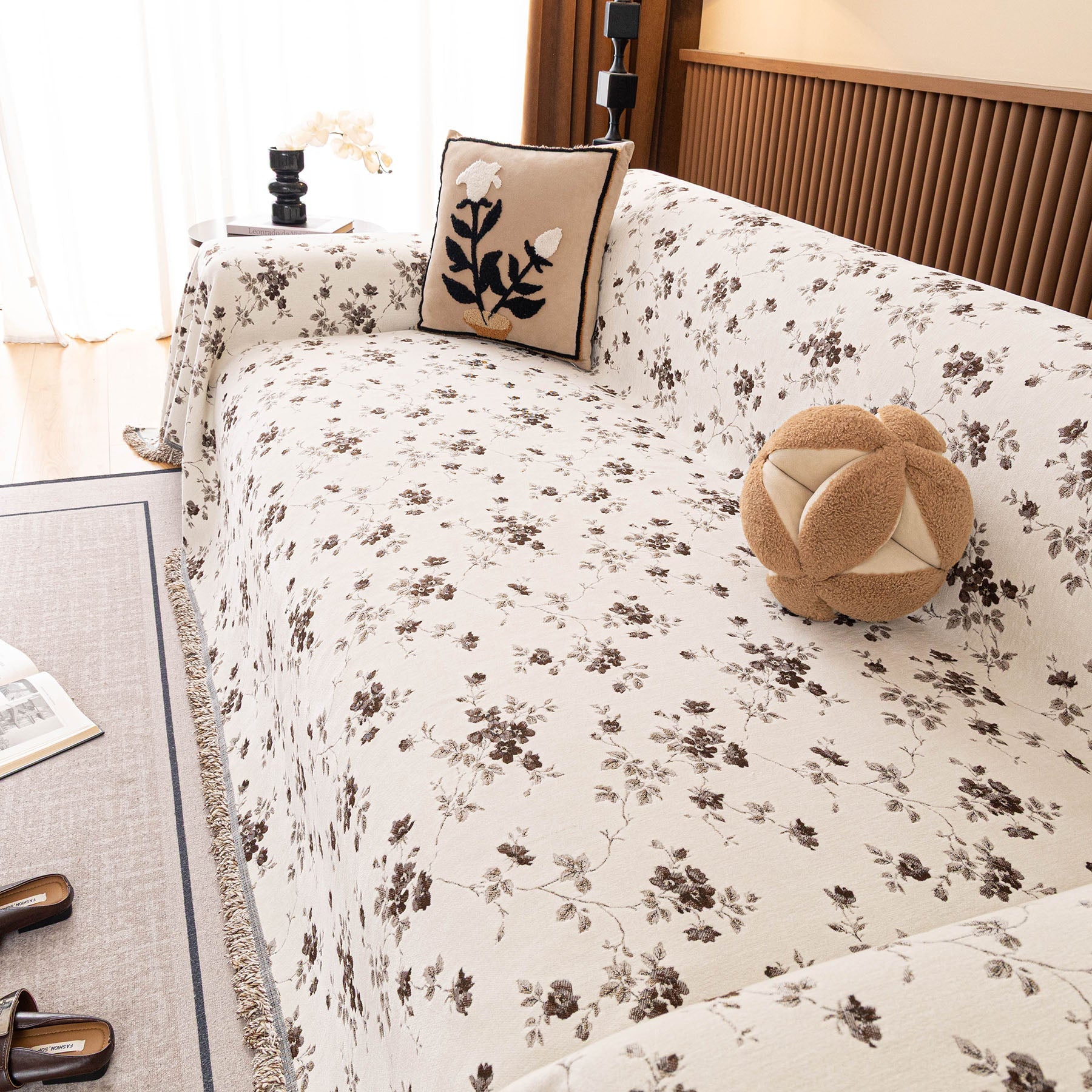 Vintage Floral Sofa Throw Cover, Decorative Farmhouse Sofa Cover for Living Room