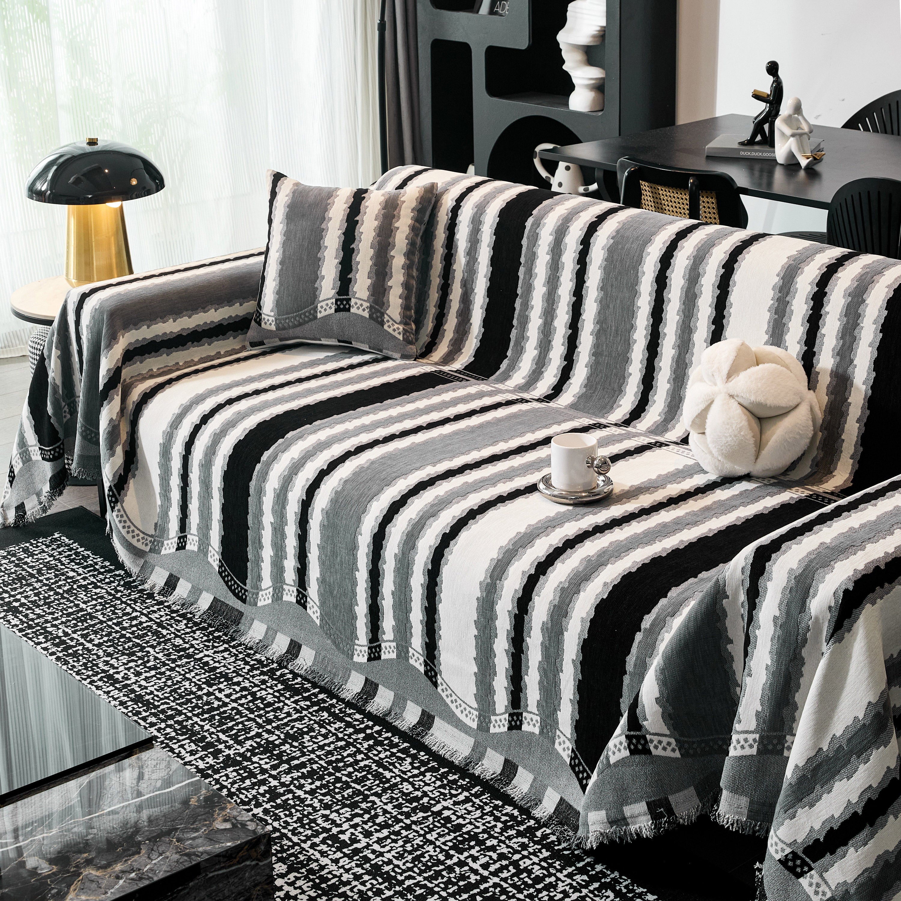 Striped Chenille Sofa Throw Covers, Boho Style Cozy Couch Protector Blanket