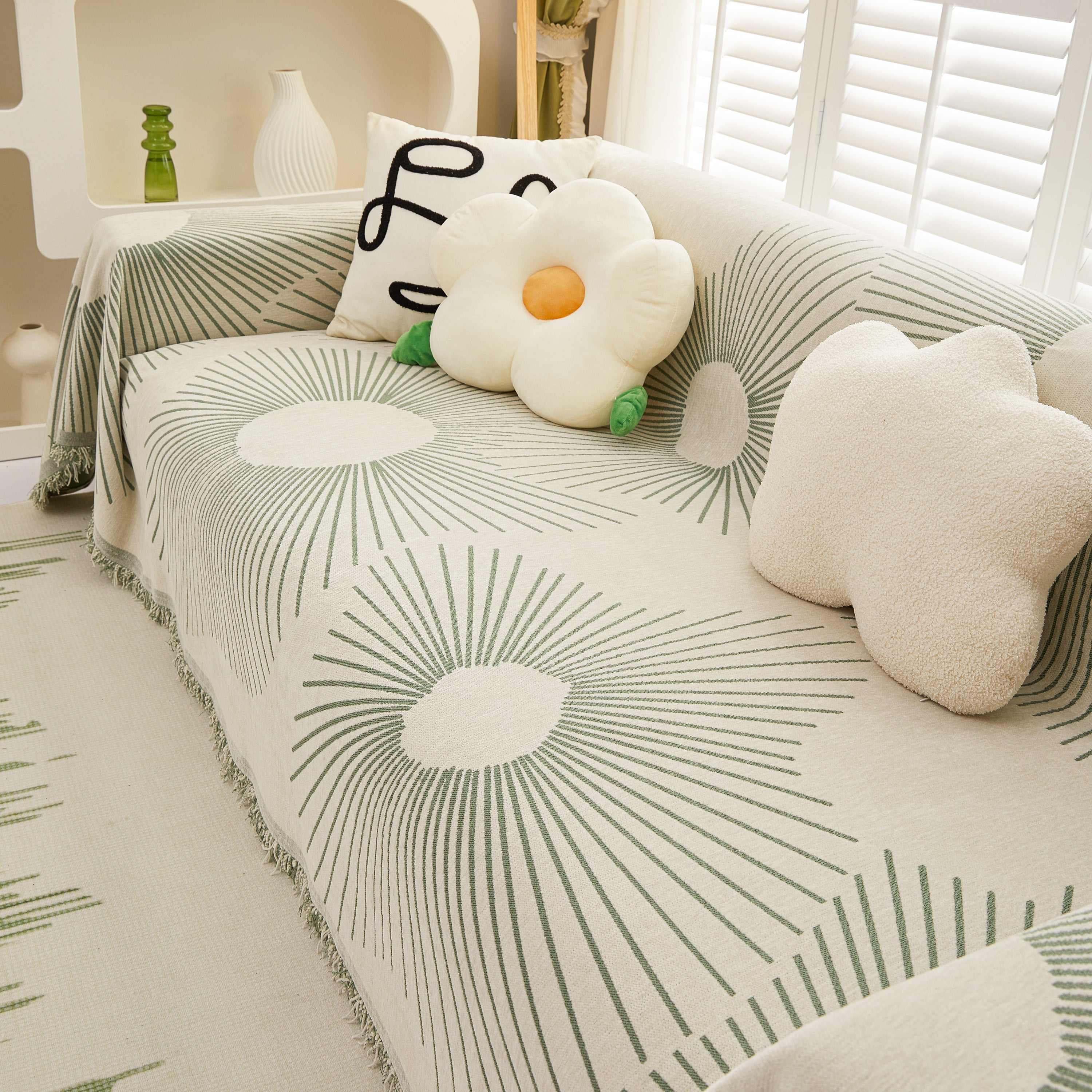 Geometric Radial Striped L-Shape Sofa Cover: Thick, Reversible Furniture Blanket for Kids and Pets