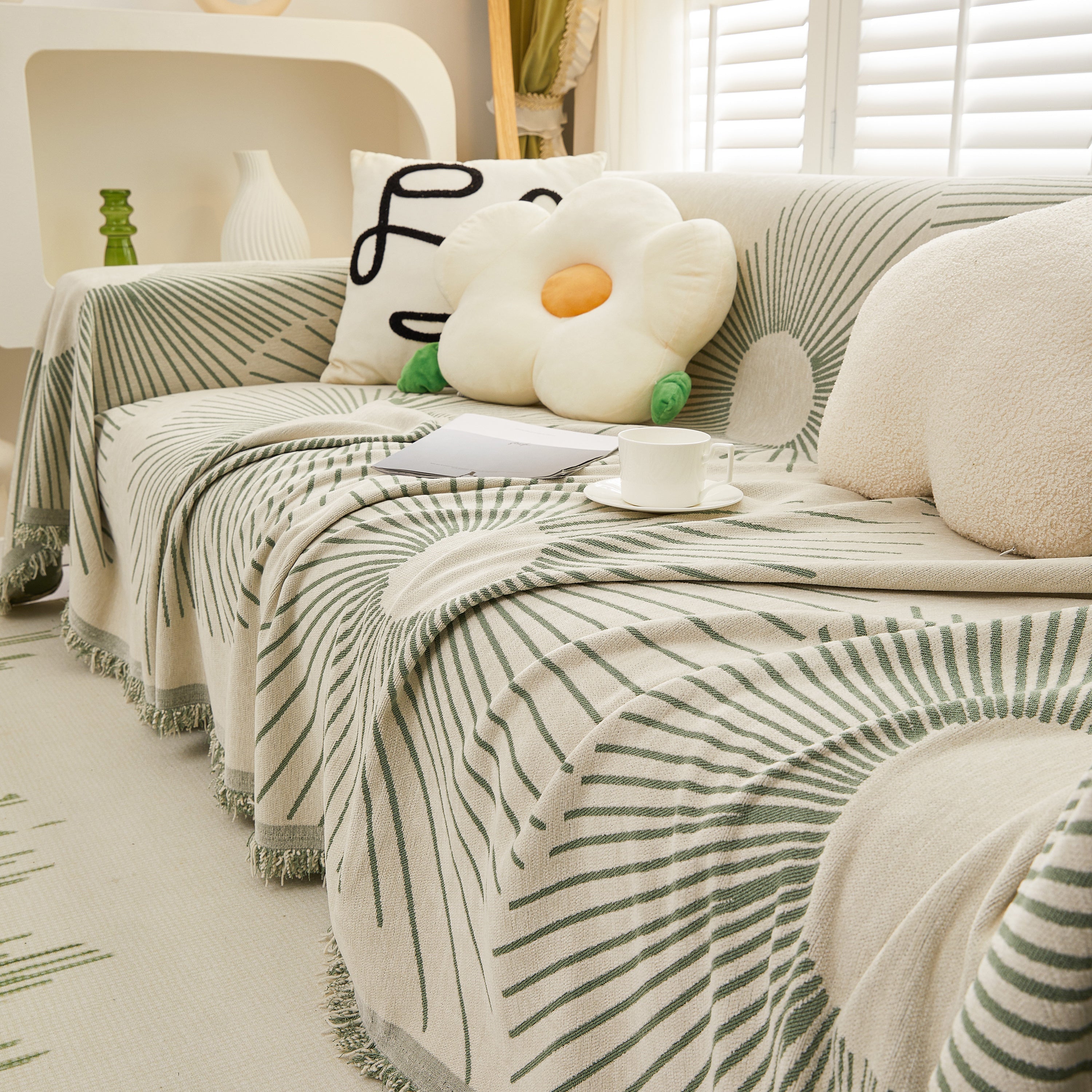 Geometric Radial Striped L-Shape Sofa Cover: Thick, Reversible Furniture Blanket for Kids and Pets