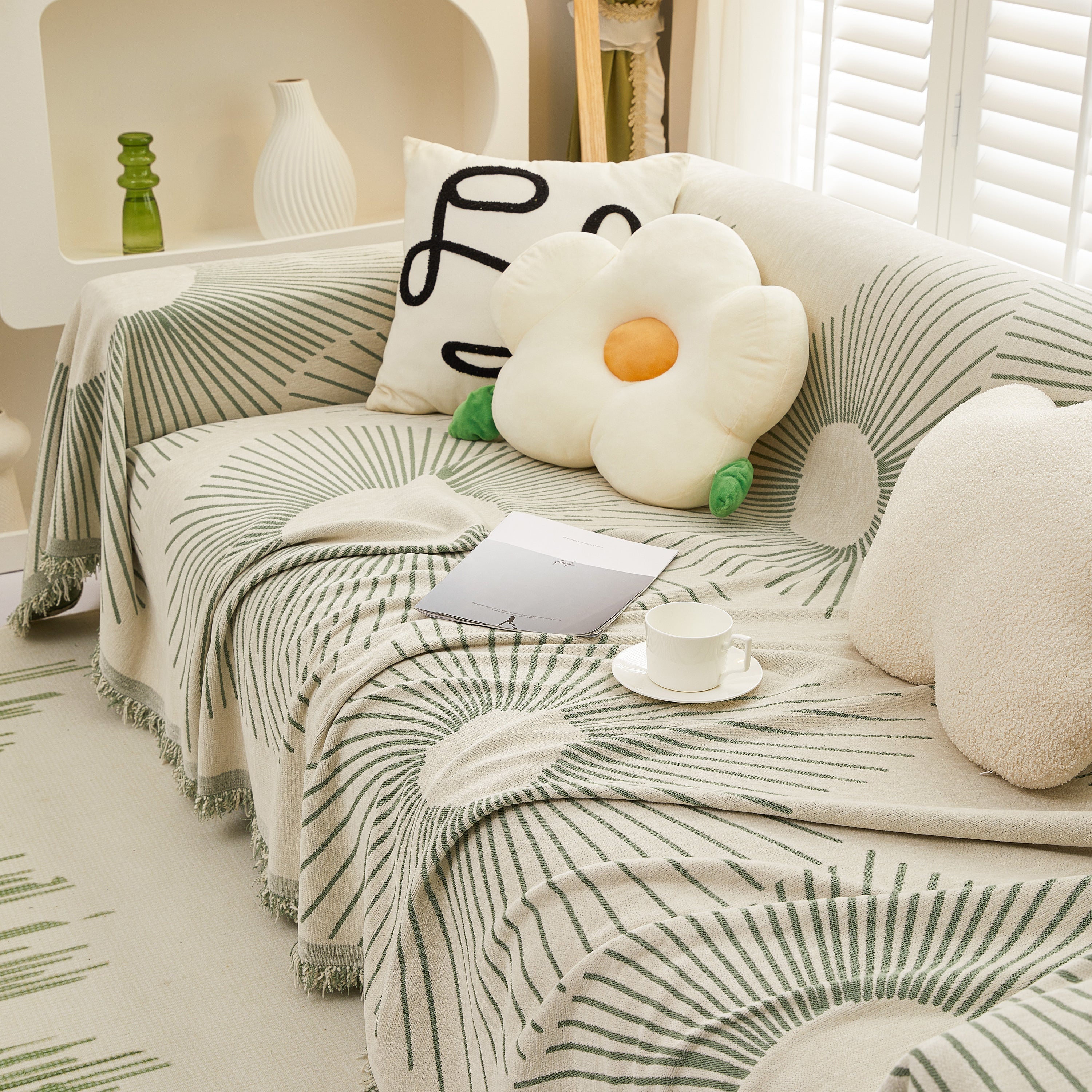 Geometric Radial Striped L-Shape Sofa Cover: Thick, Reversible Furniture Blanket for Kids and Pets