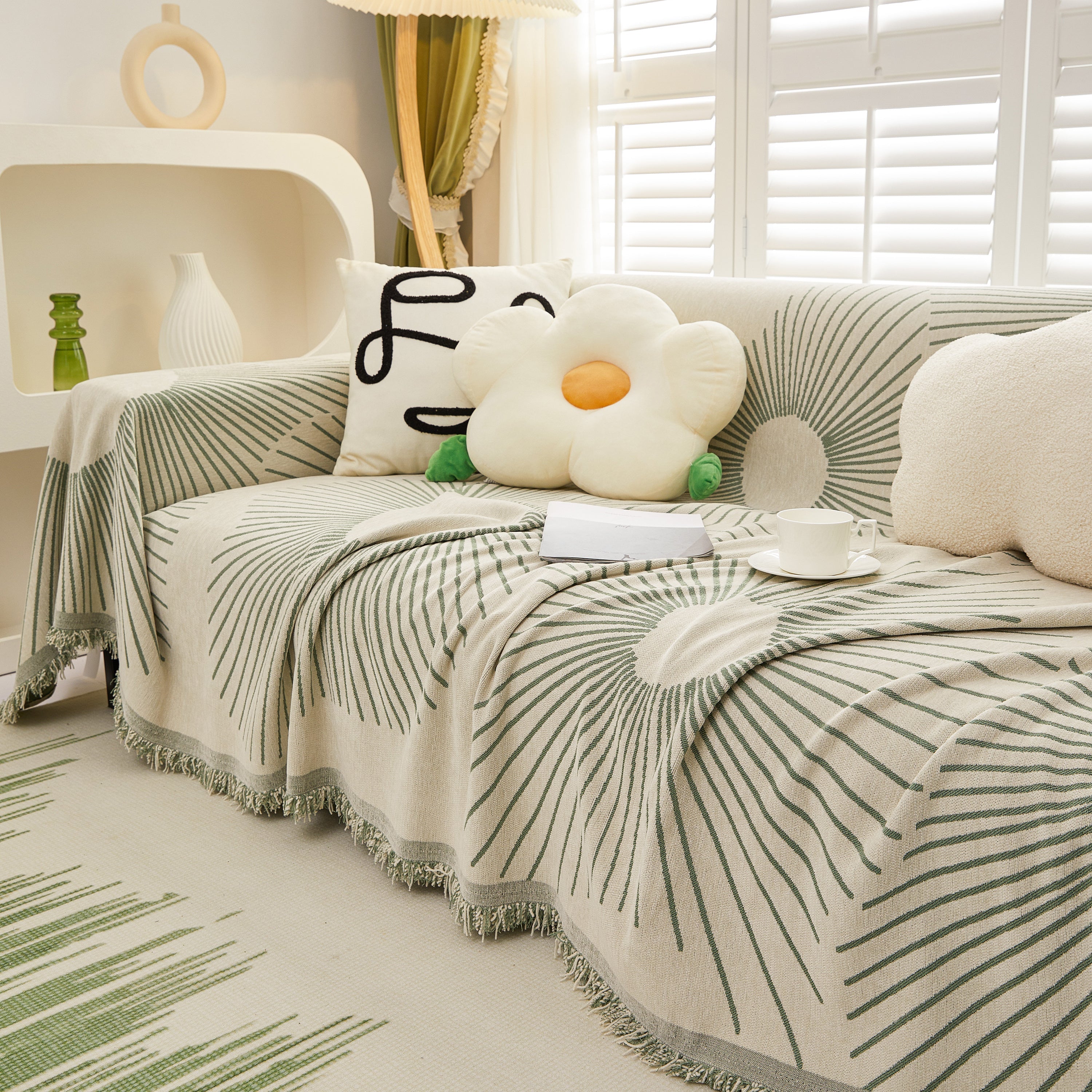 Geometric Radial Striped L-Shape Sofa Cover: Thick, Reversible Furniture Blanket for Kids and Pets