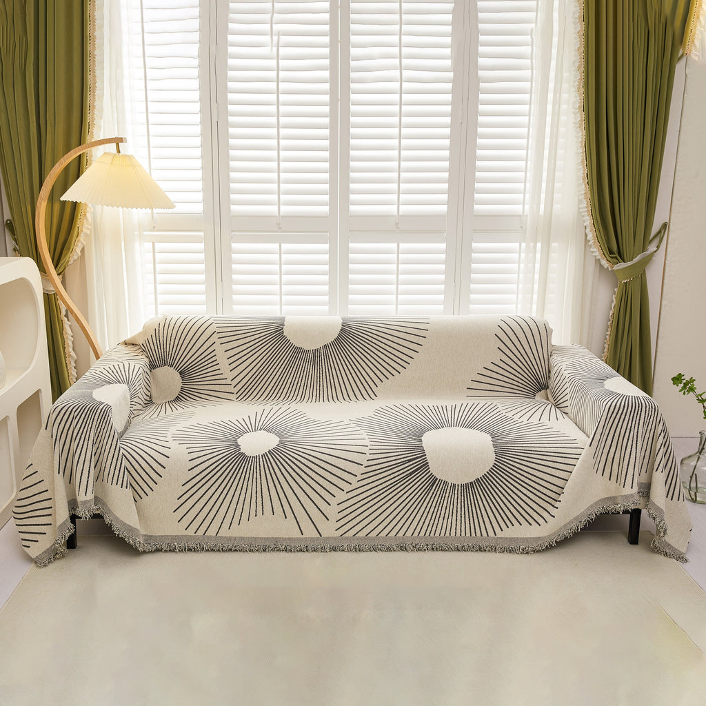 Geometric Radial Striped L-Shape Sofa Cover: Thick, Reversible Furniture Blanket for Kids and Pets