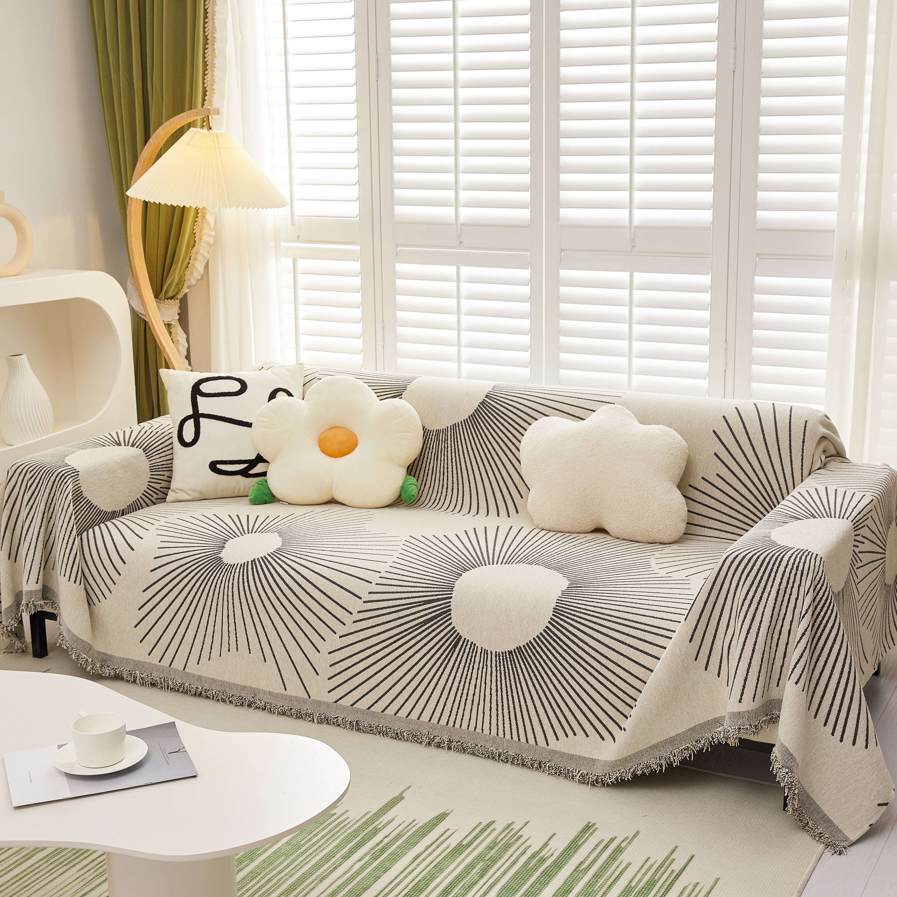 Geometric Radial Striped L-Shape Sofa Cover: Thick, Reversible Furniture Blanket for Kids and Pets