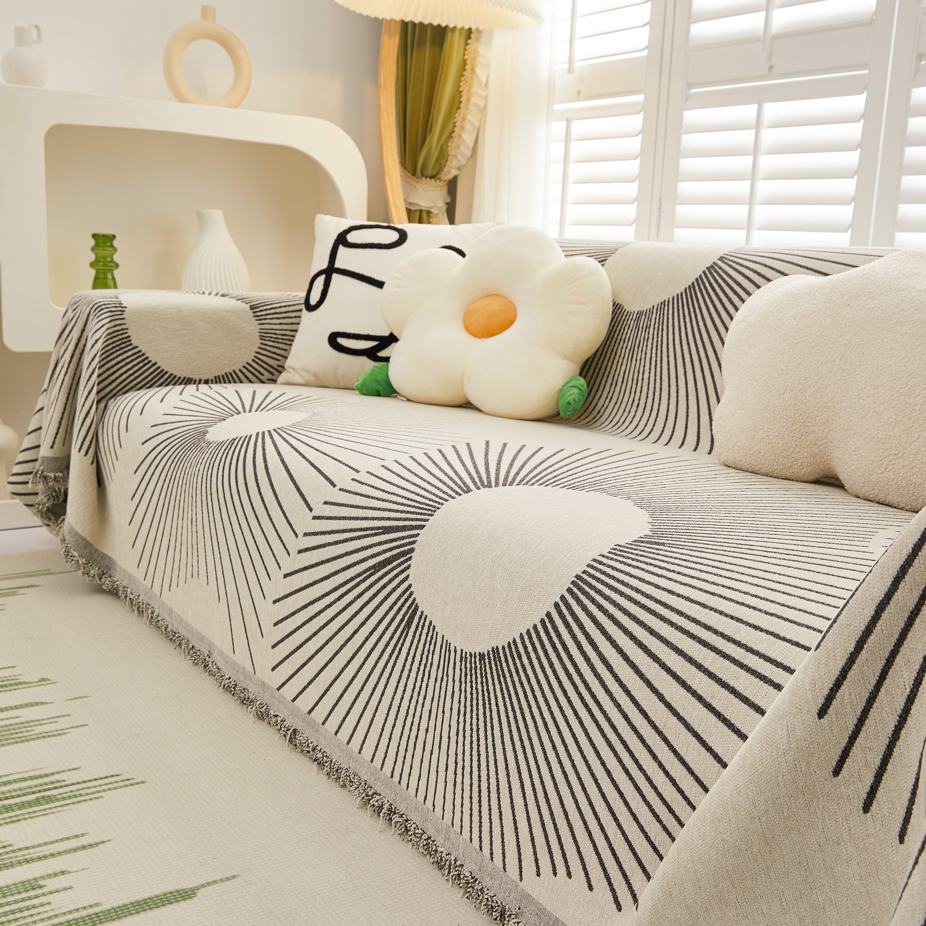 Geometric Radial Striped L-Shape Sofa Cover: Thick, Reversible Furniture Blanket for Kids and Pets