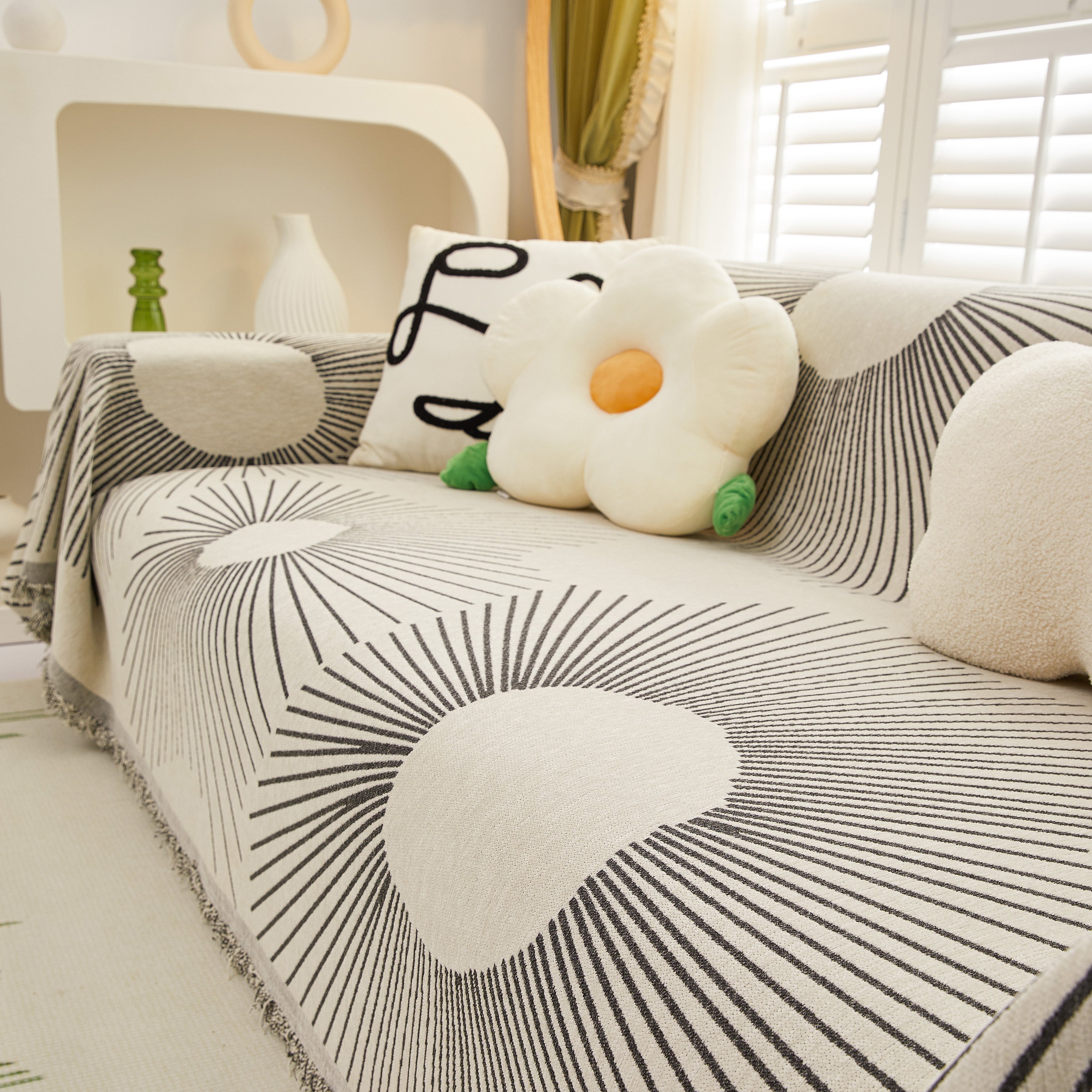 Geometric Radial Striped L-Shape Sofa Cover: Thick, Reversible Furniture Blanket for Kids and Pets