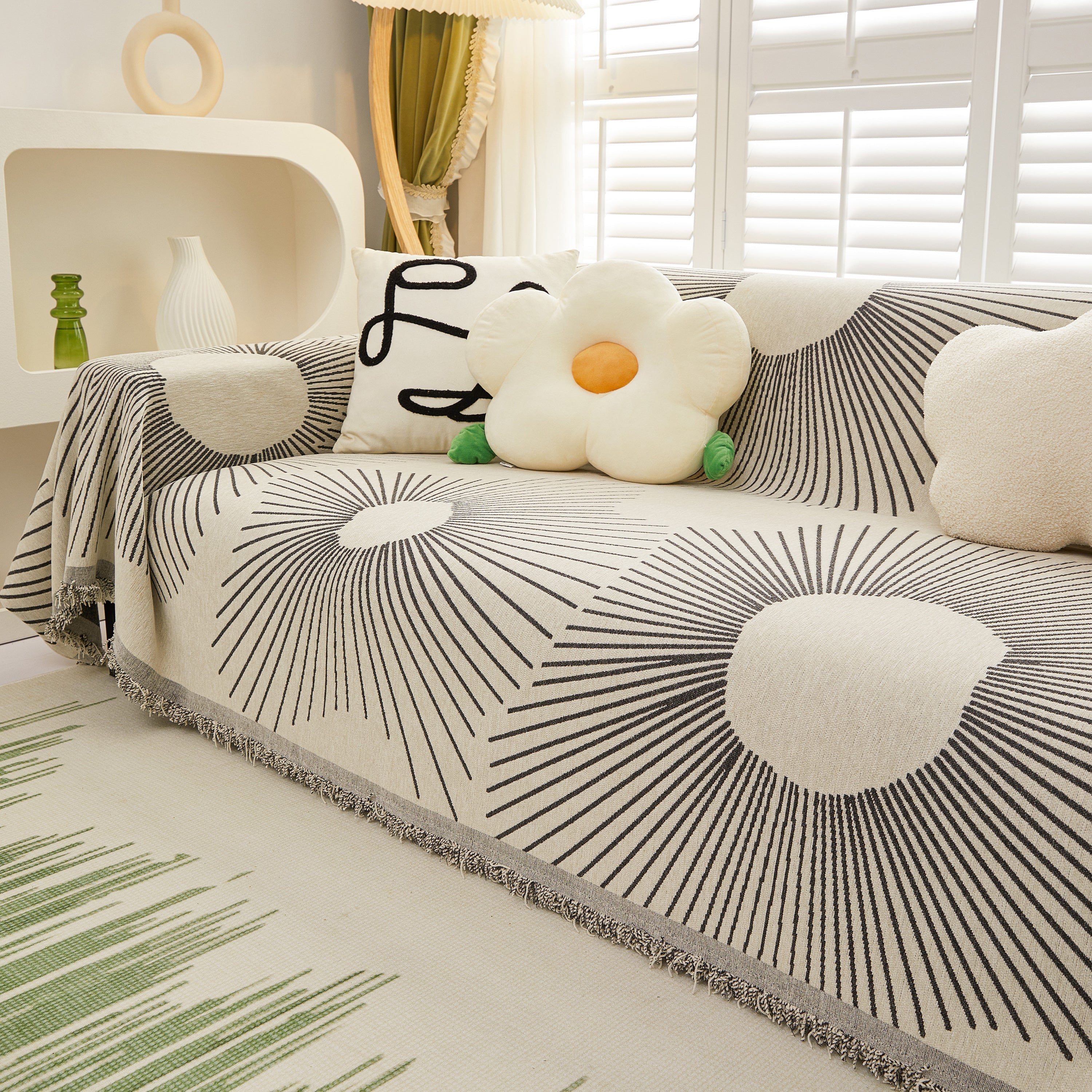 Geometric Radial Striped L-Shape Sofa Cover: Thick, Reversible Furniture Blanket for Kids and Pets