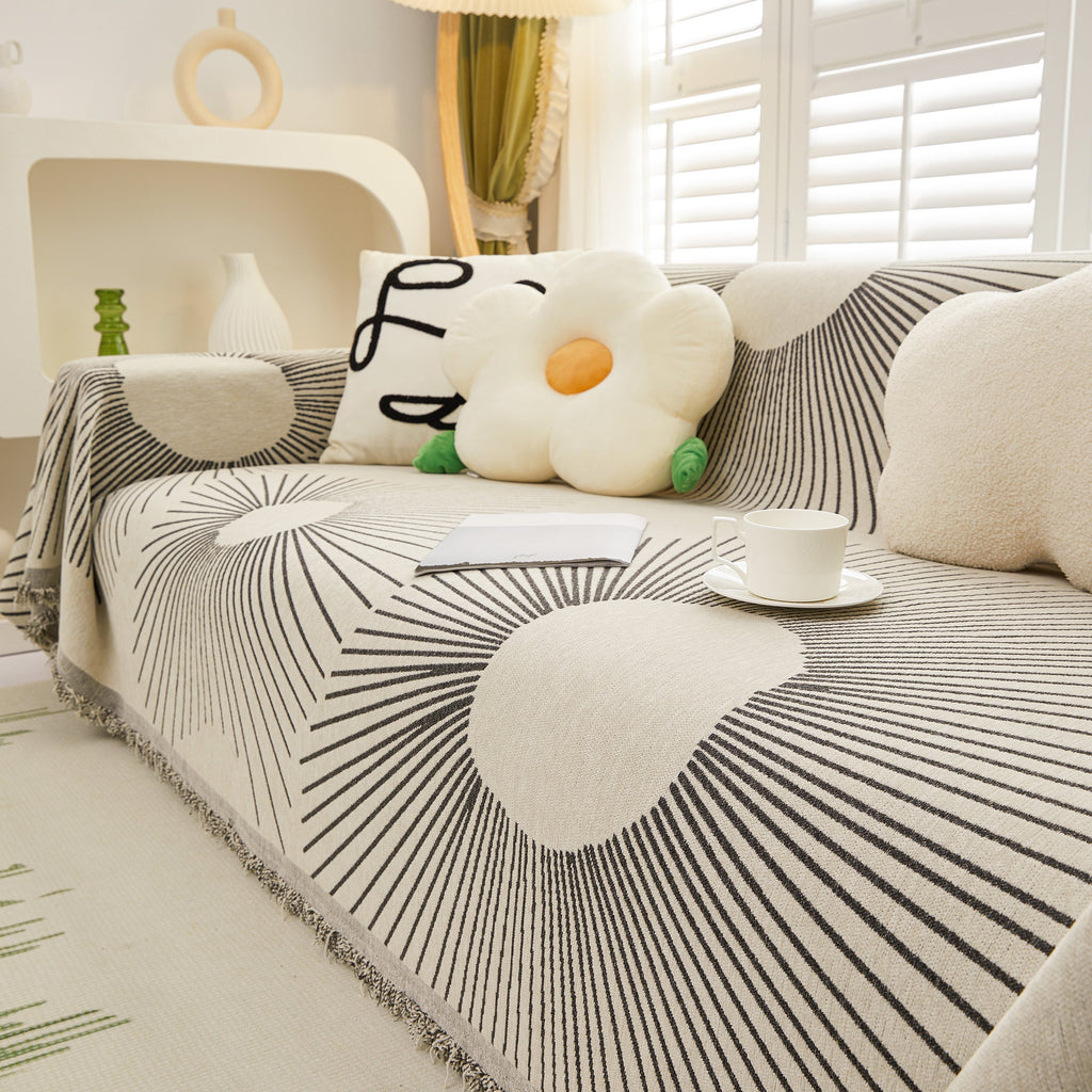 Geometric Radial Striped L-Shape Sofa Cover: Thick, Reversible Furniture Blanket for Kids and Pets