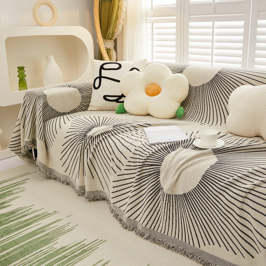 Geometric Radial Striped L-Shape Sofa Cover: Thick, Reversible Furniture Blanket for Kids and Pets