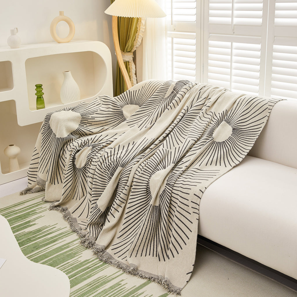 Geometric Radial Striped L-Shape Sofa Cover: Thick, Reversible Furniture Blanket for Kids and Pets