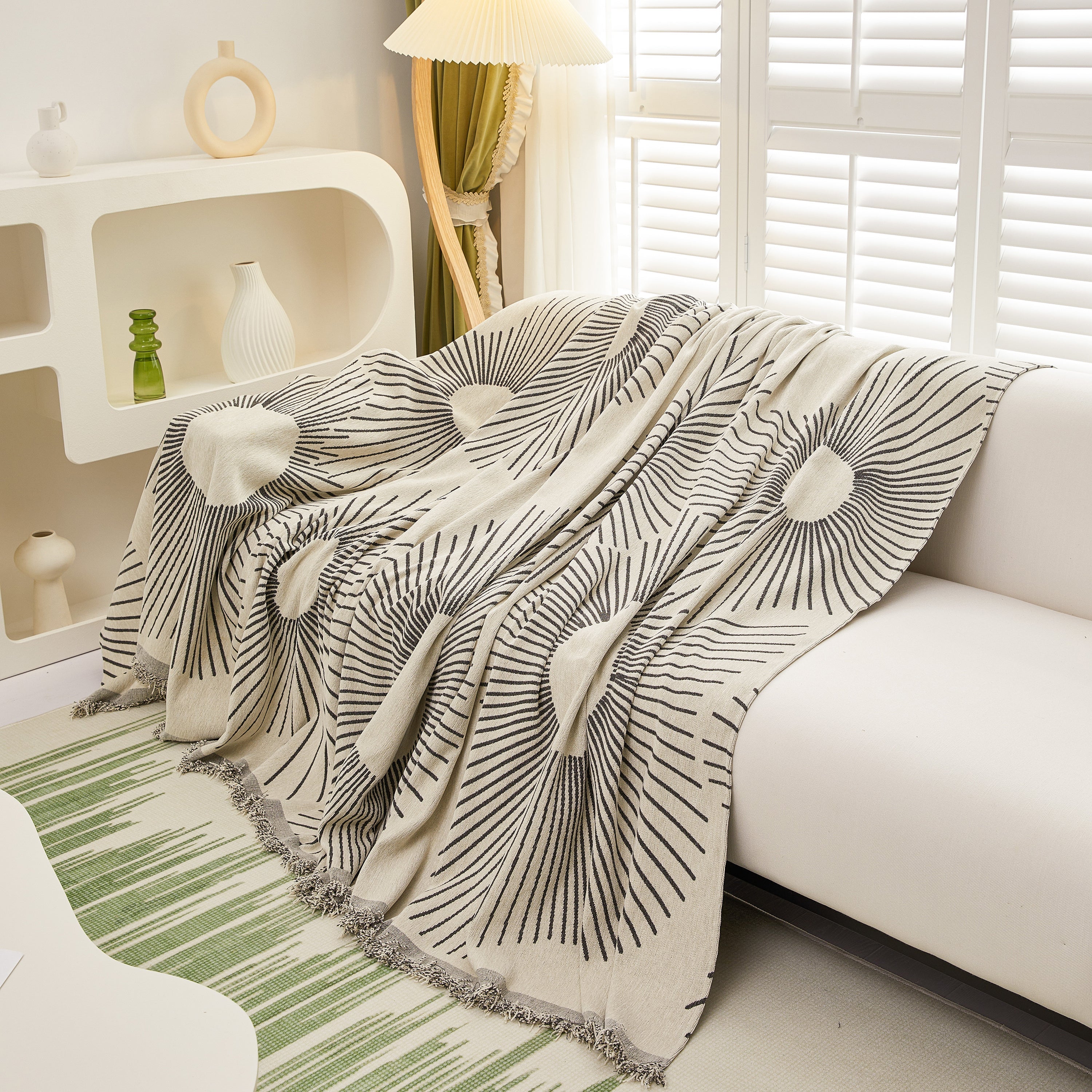Geometric Radial Striped L-Shape Sofa Cover: Thick, Reversible Furniture Blanket for Kids and Pets
