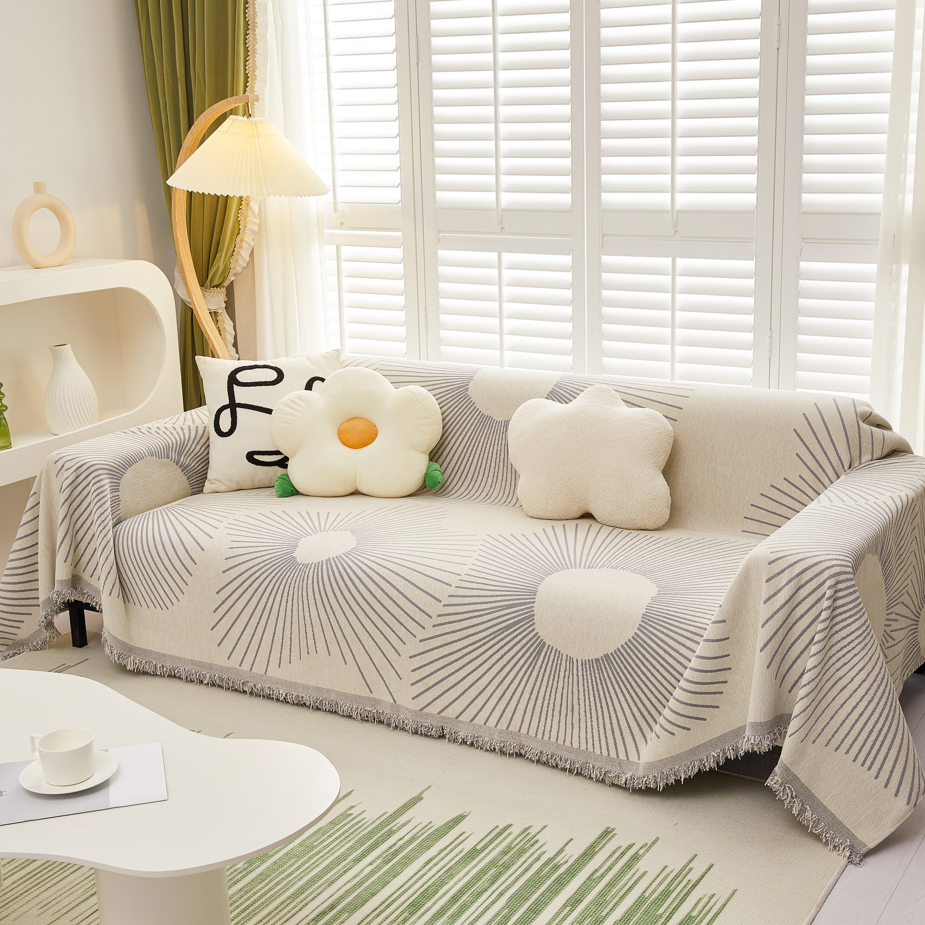 Geometric Radial Striped L-Shape Sofa Cover: Thick, Reversible Furniture Blanket for Kids and Pets