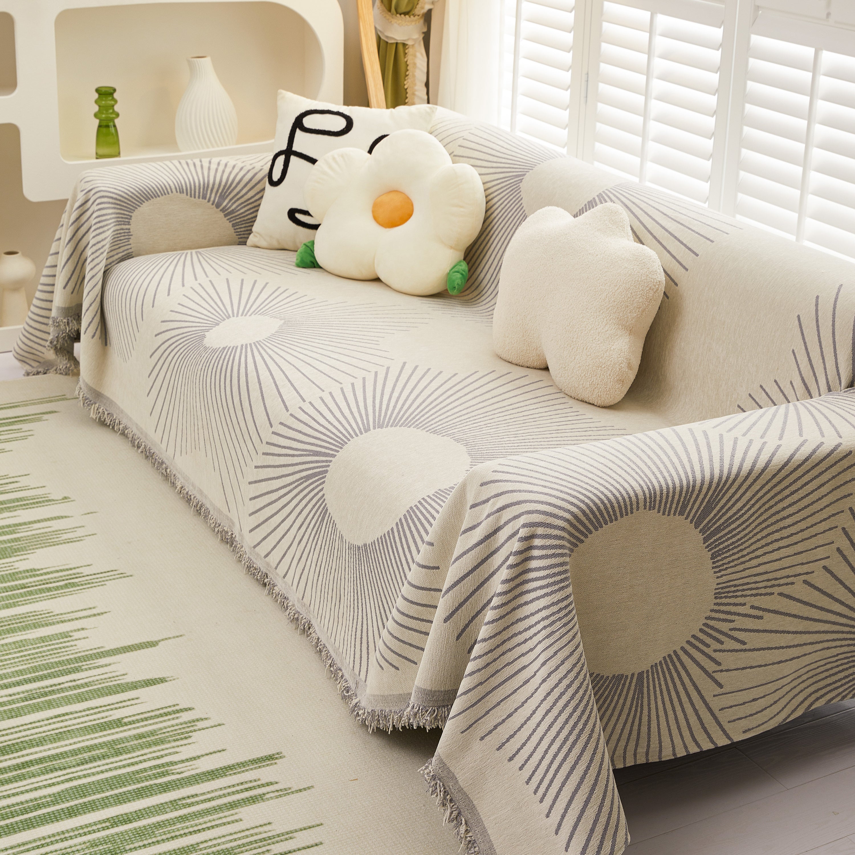 Geometric Radial Striped L-Shape Sofa Cover: Thick, Reversible Furniture Blanket for Kids and Pets