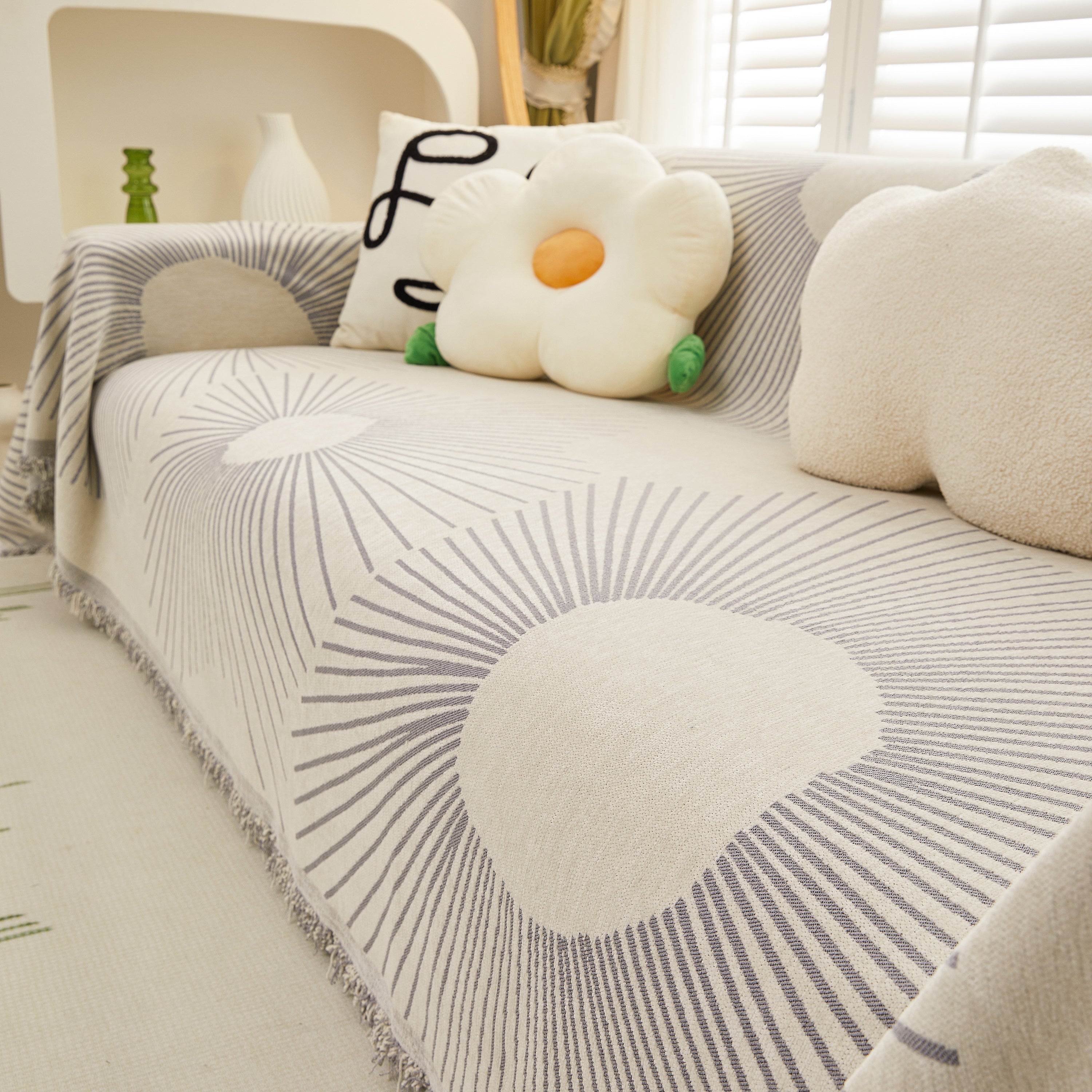 Geometric Radial Striped L-Shape Sofa Cover: Thick, Reversible Furniture Blanket for Kids and Pets