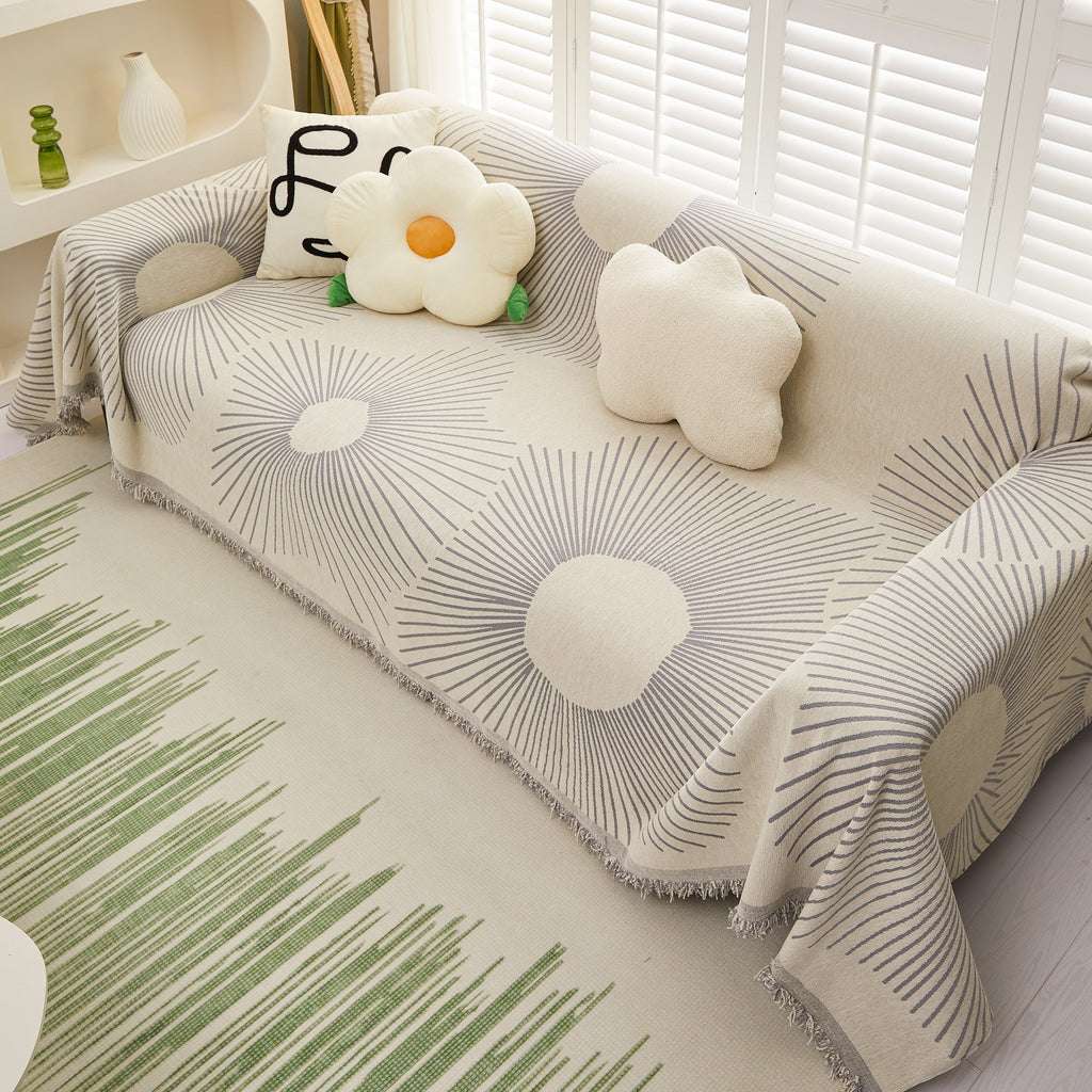 Geometric Radial Striped L-Shape Sofa Cover: Thick, Reversible Furniture Blanket for Kids and Pets