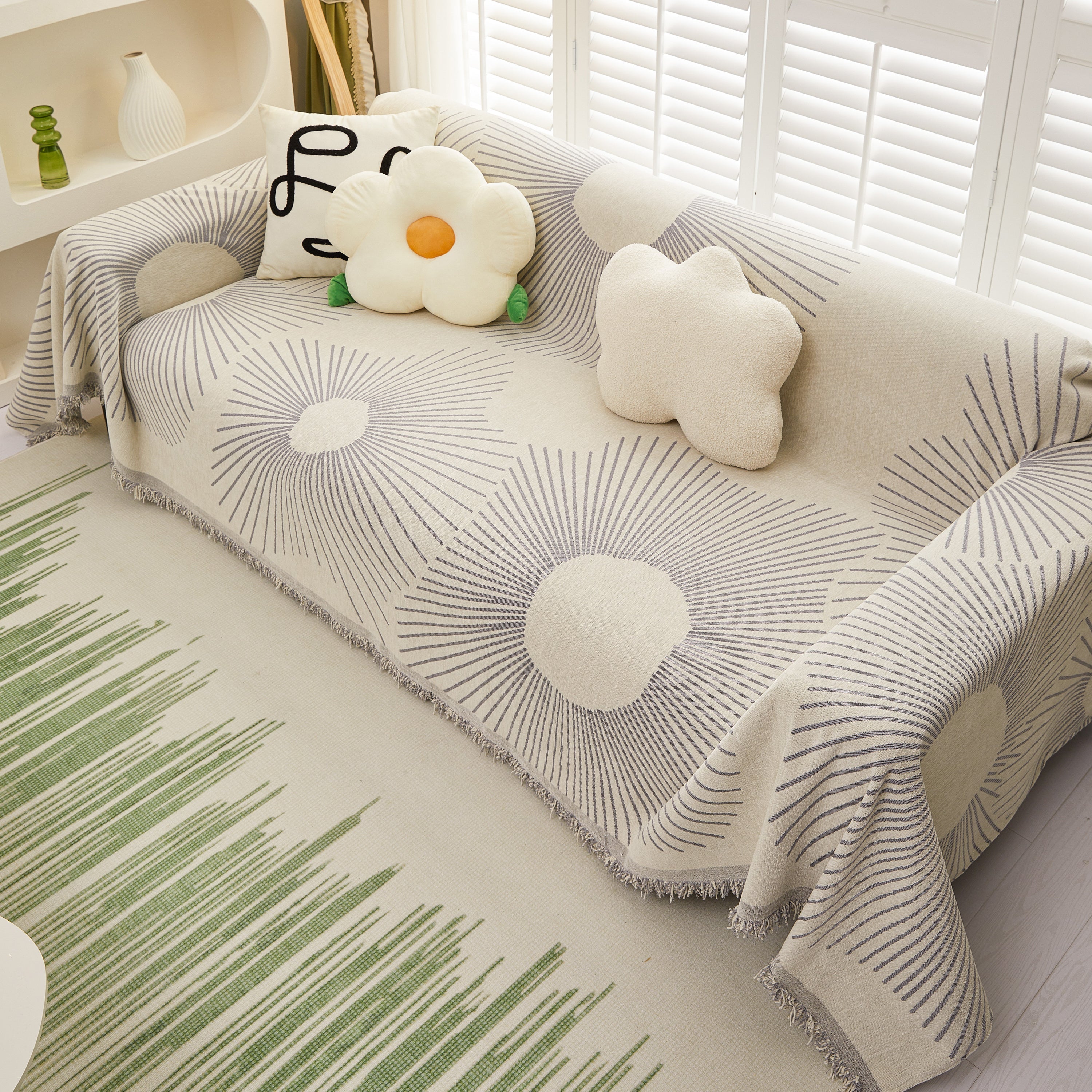 Geometric Radial Striped L-Shape Sofa Cover: Thick, Reversible Furniture Blanket for Kids and Pets