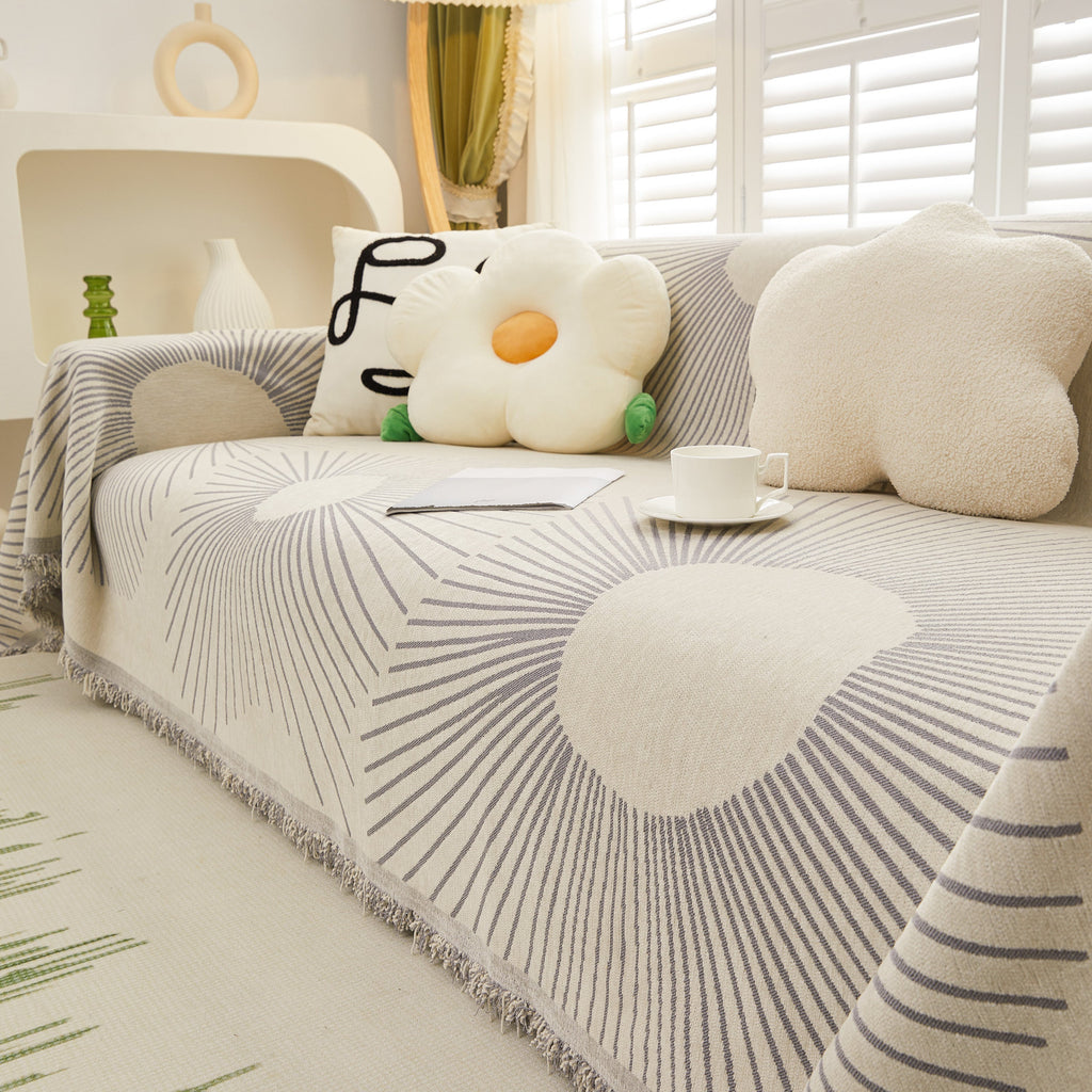 Geometric Radial Striped L-Shape Sofa Cover: Thick, Reversible Furniture Blanket for Kids and Pets