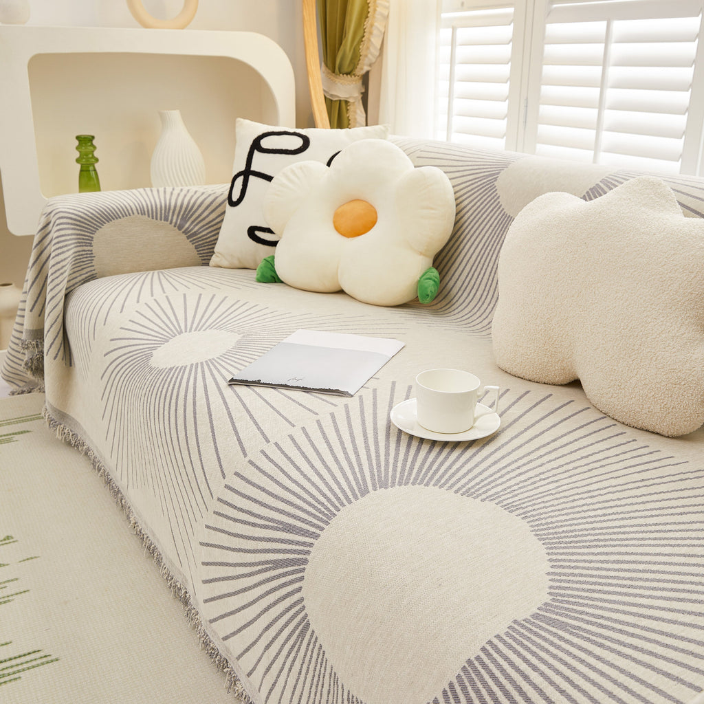 Geometric Radial Striped L-Shape Sofa Cover: Thick, Reversible Furniture Blanket for Kids and Pets