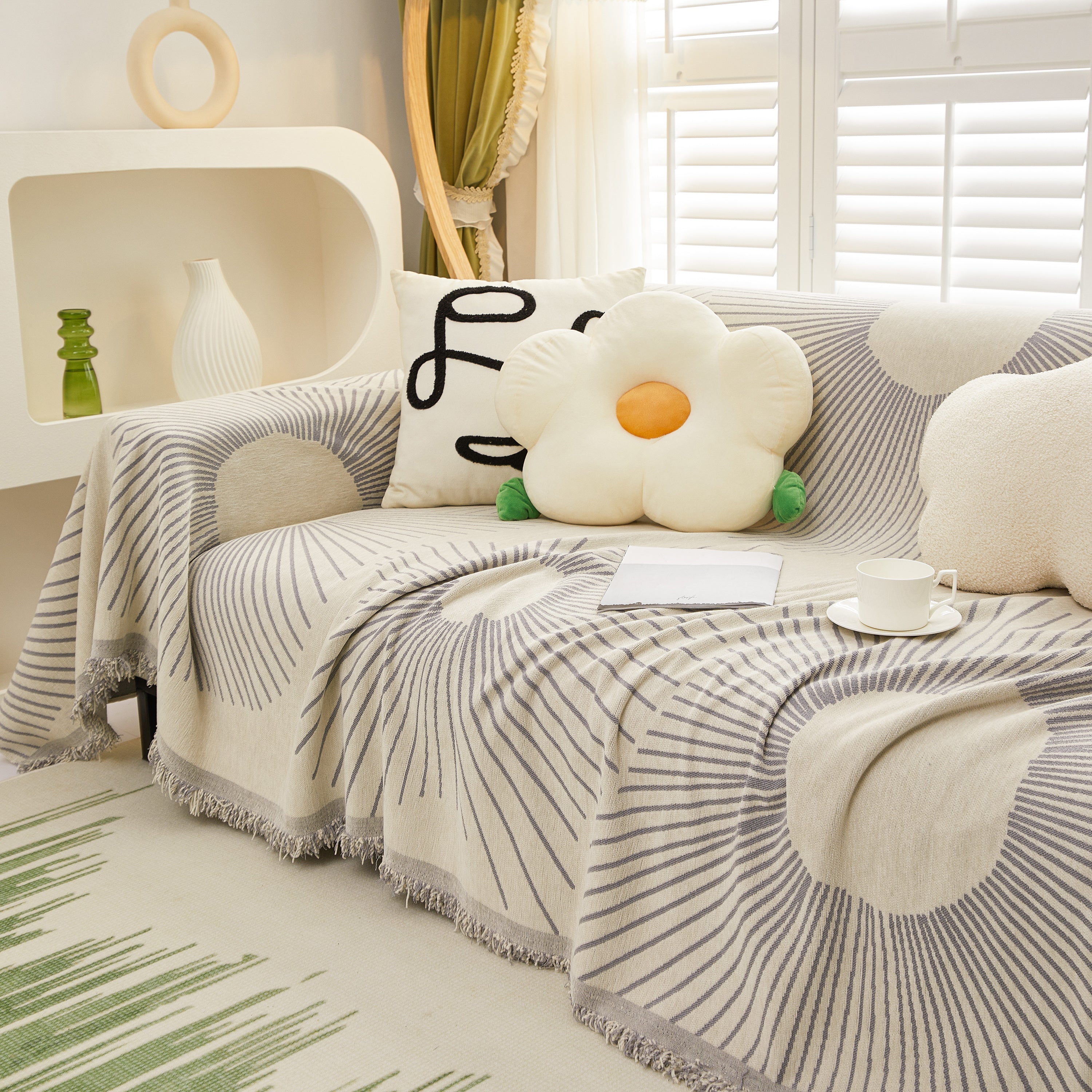 Geometric Radial Striped L-Shape Sofa Cover: Thick, Reversible Furniture Blanket for Kids and Pets