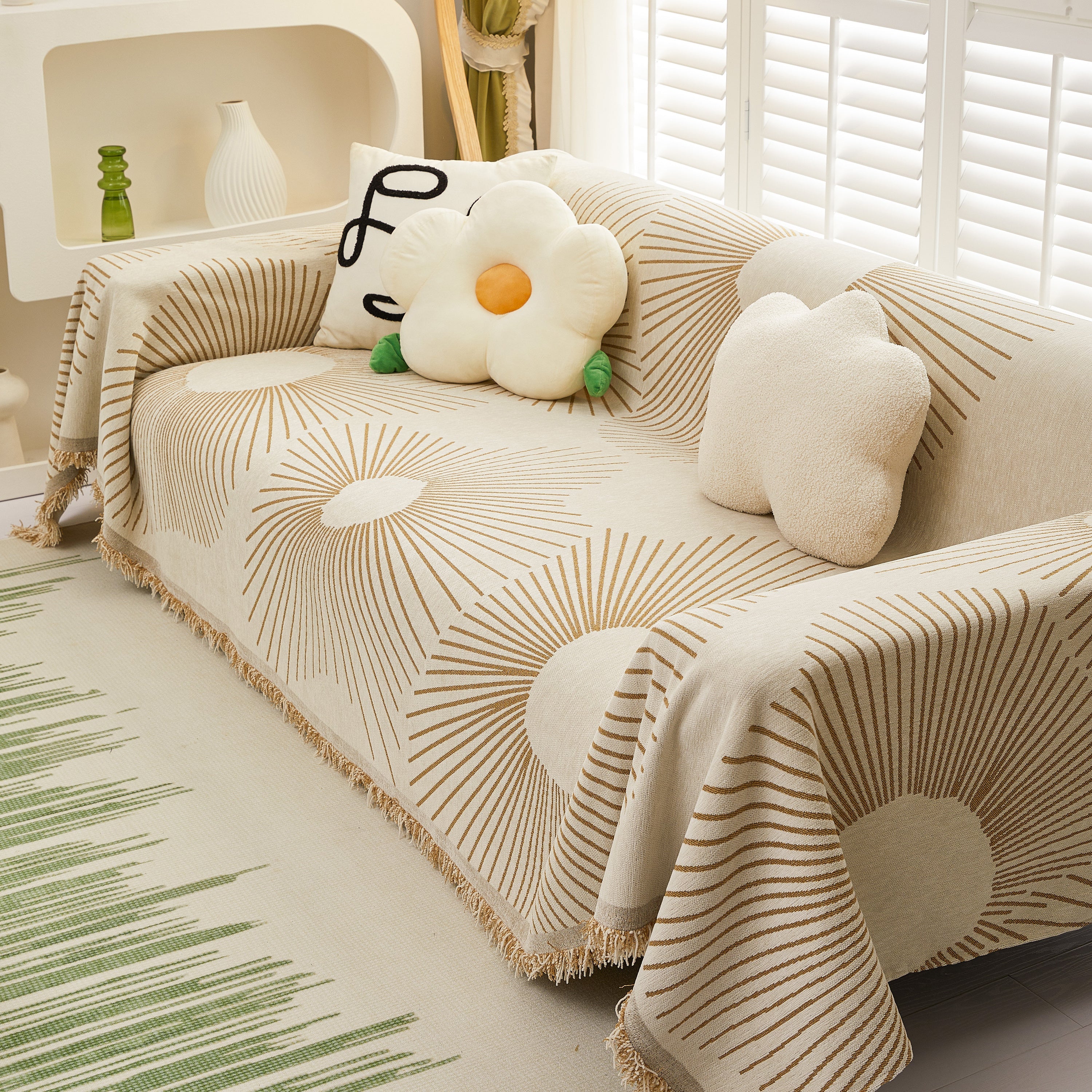 Geometric Radial Striped L-Shape Sofa Cover: Thick, Reversible Furniture Blanket for Kids and Pets