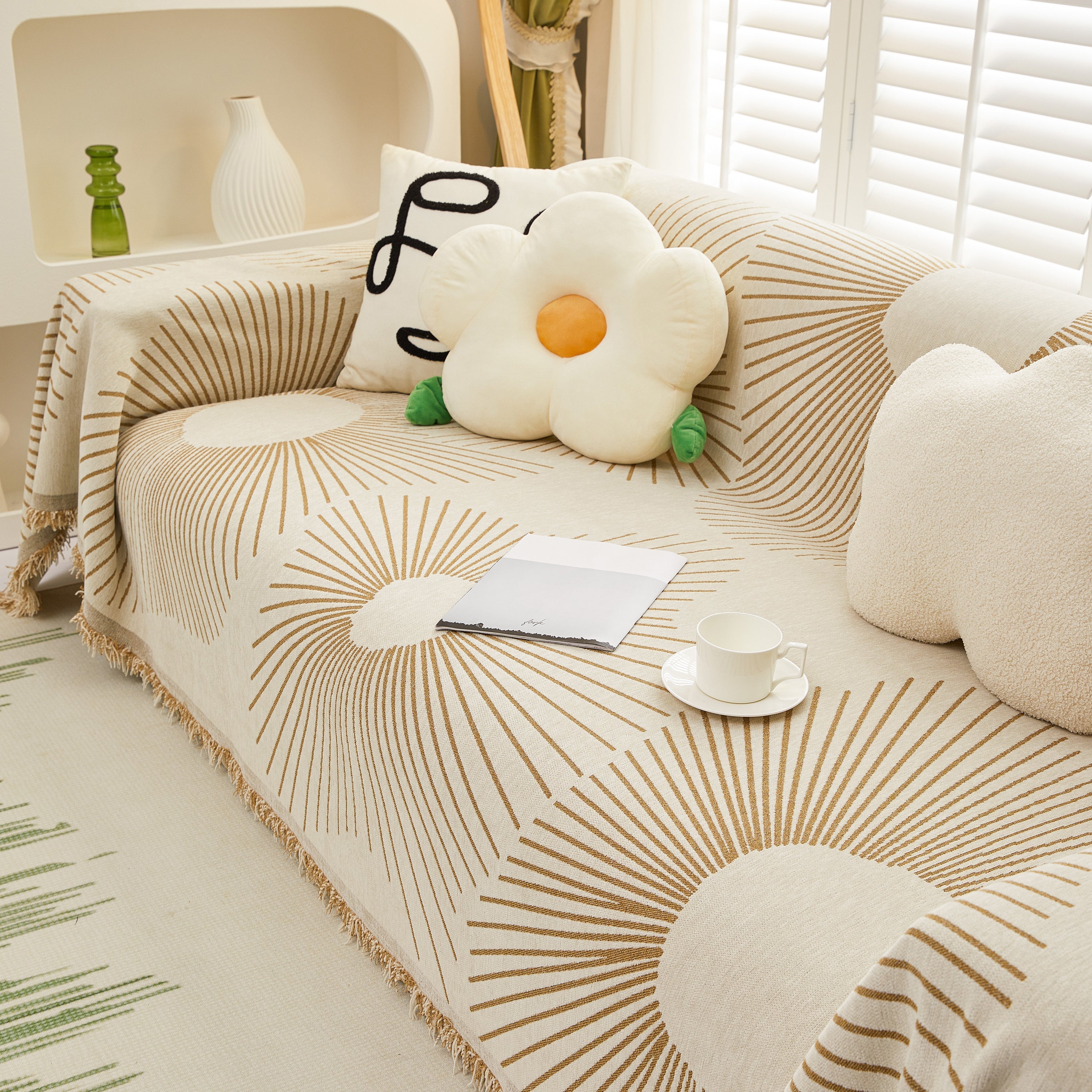 Geometric Radial Striped L-Shape Sofa Cover: Thick, Reversible Furniture Blanket for Kids and Pets