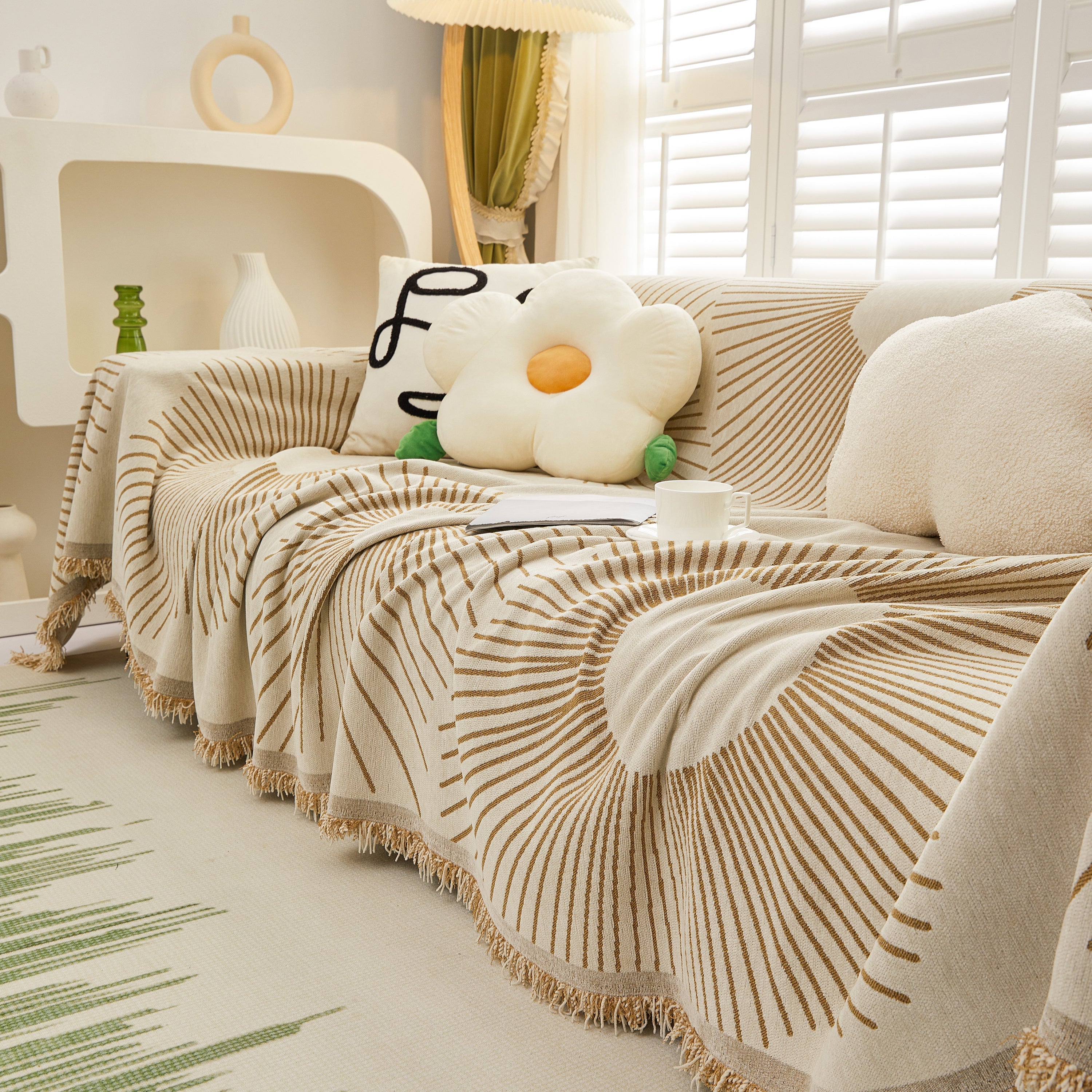 Geometric Radial Striped L-Shape Sofa Cover: Thick, Reversible Furniture Blanket for Kids and Pets