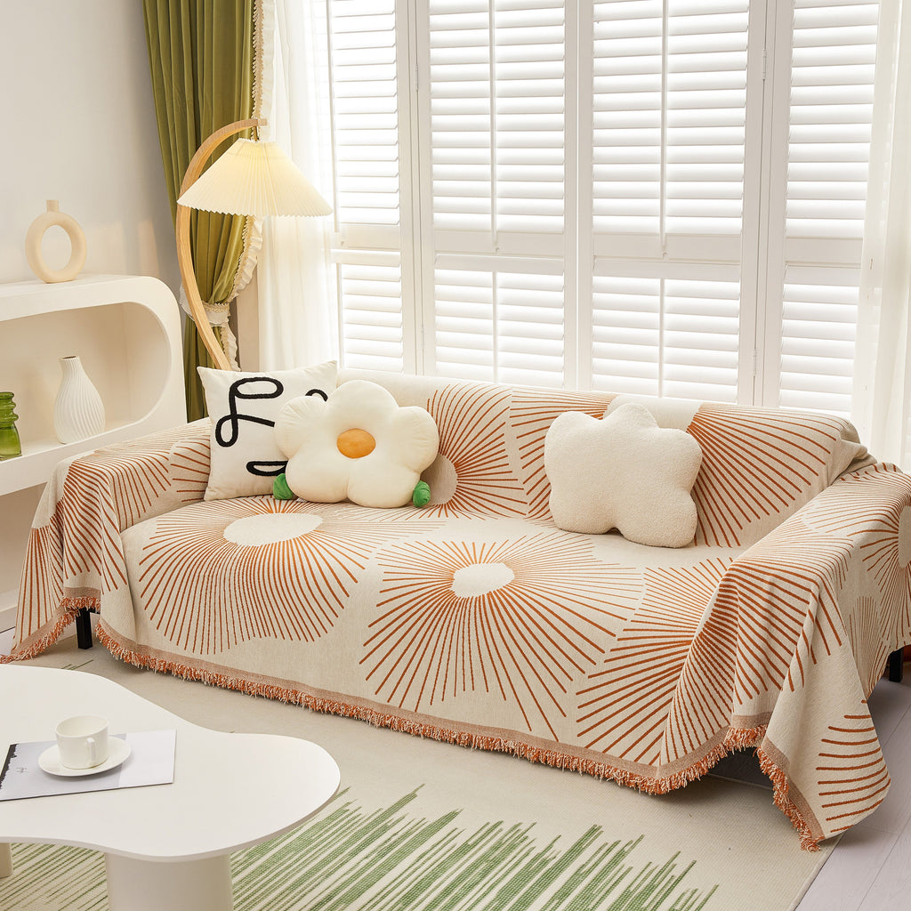 Geometric Radial Striped L-Shape Sofa Cover: Thick, Reversible Furniture Blanket for Kids and Pets