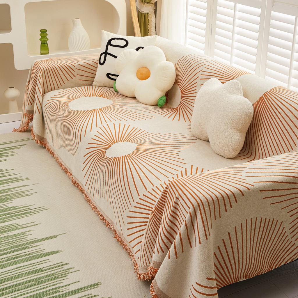 Geometric Radial Striped L-Shape Sofa Cover: Thick, Reversible Furniture Blanket for Kids and Pets