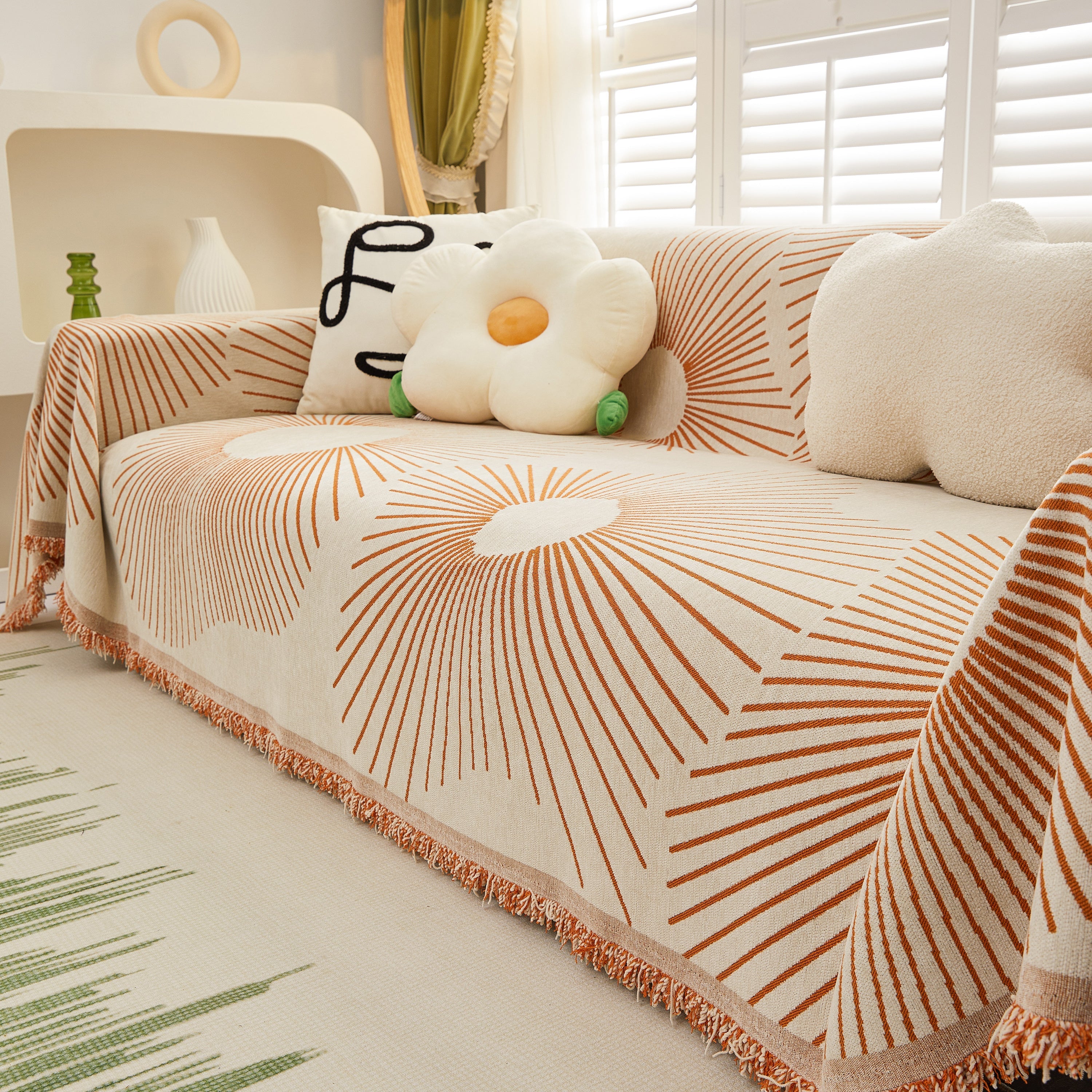 Geometric Radial Striped L-Shape Sofa Cover: Thick, Reversible Furniture Blanket for Kids and Pets