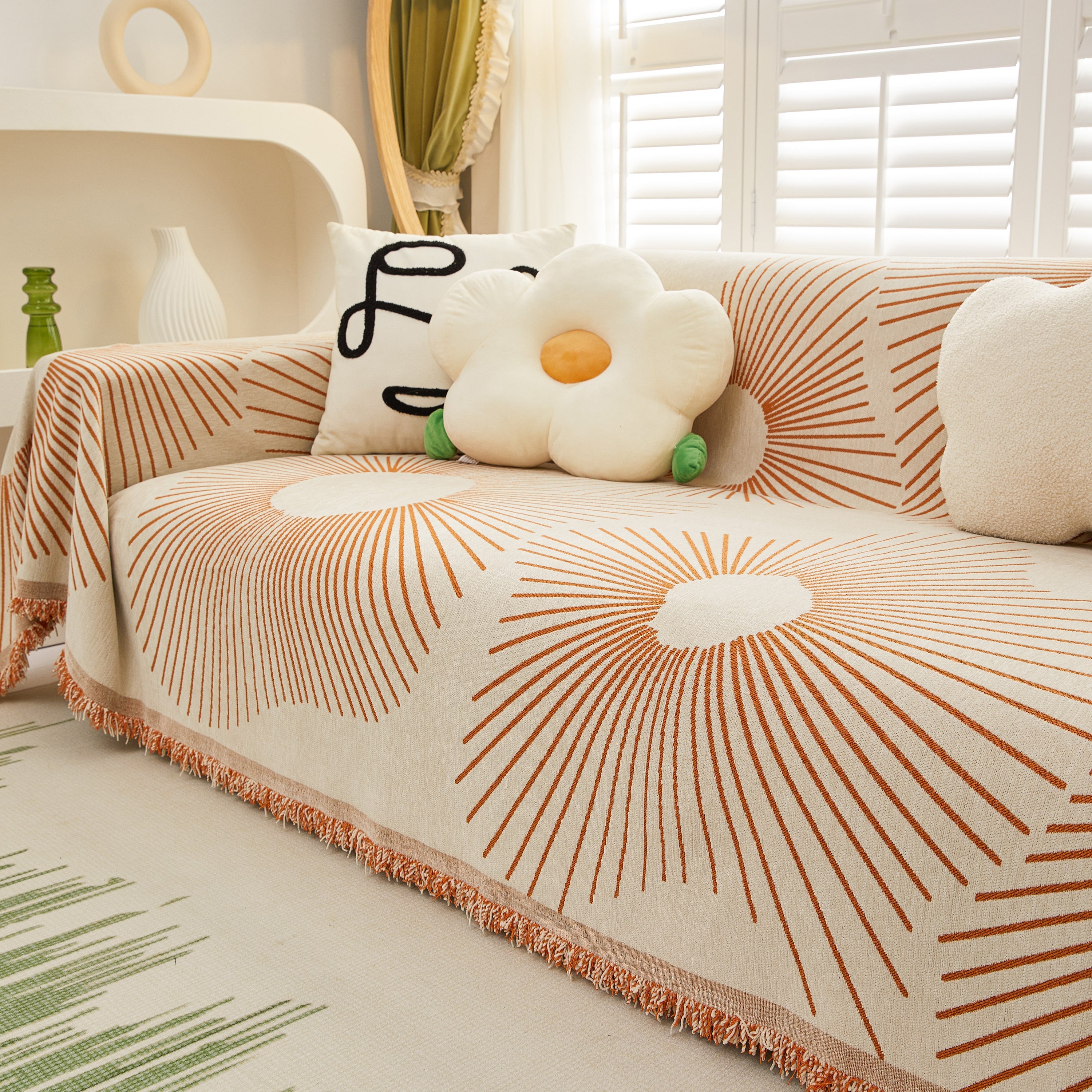 Geometric Radial Striped L-Shape Sofa Cover: Thick, Reversible Furniture Blanket for Kids and Pets